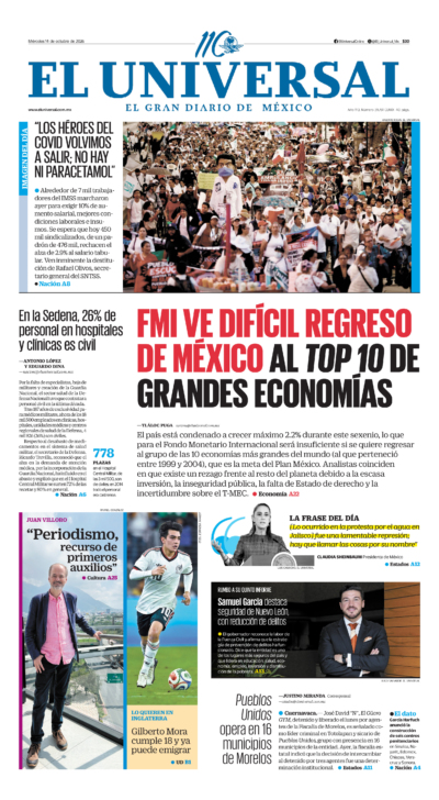 Portada del periódico El Universal correspondiente al 14 de octubre de 2026.