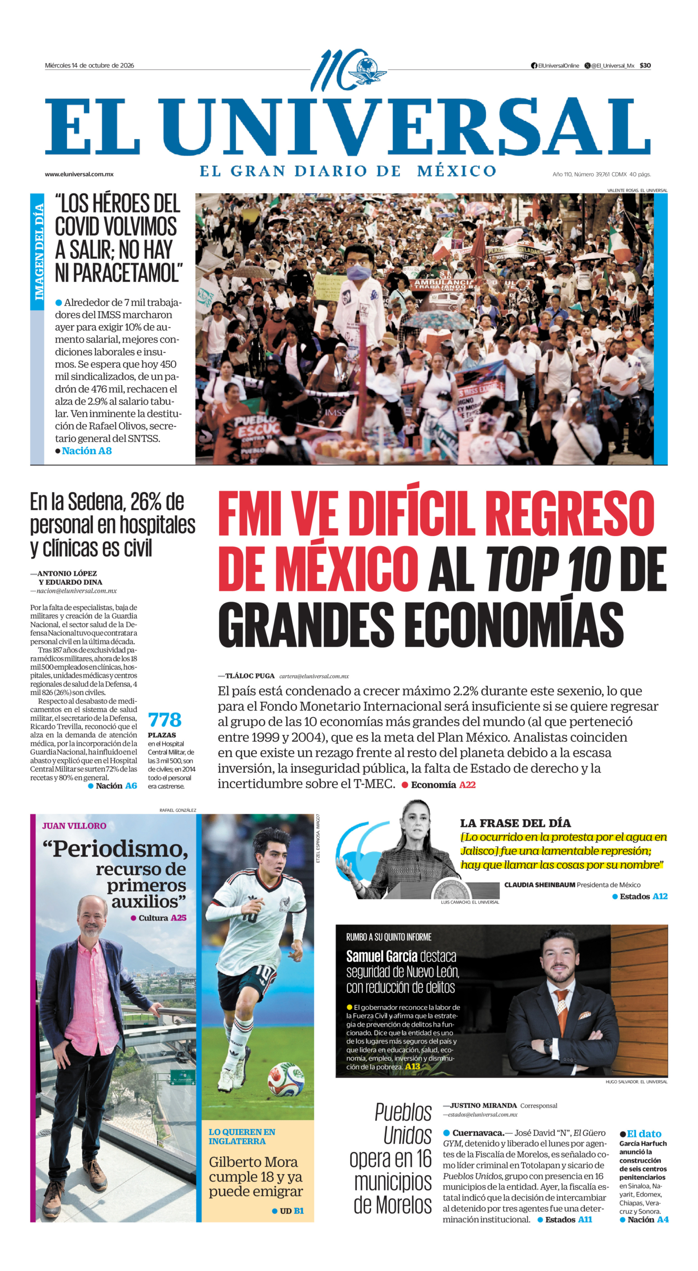 Portada del periódico El Universal correspondiente al 14 de octubre de 2026.
