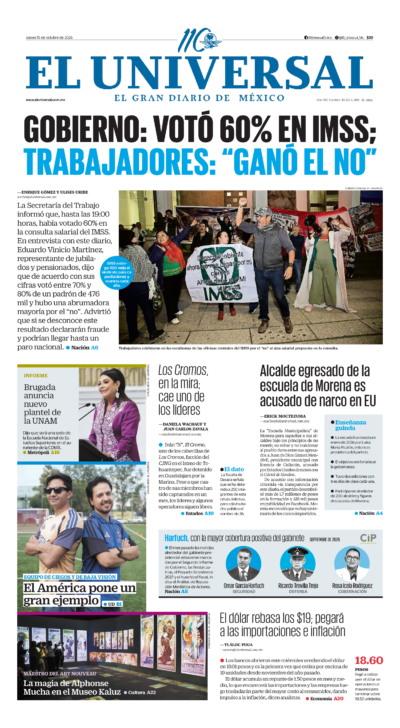 Portada del periódico El Universal correspondiente al 15 de octubre de 2026.