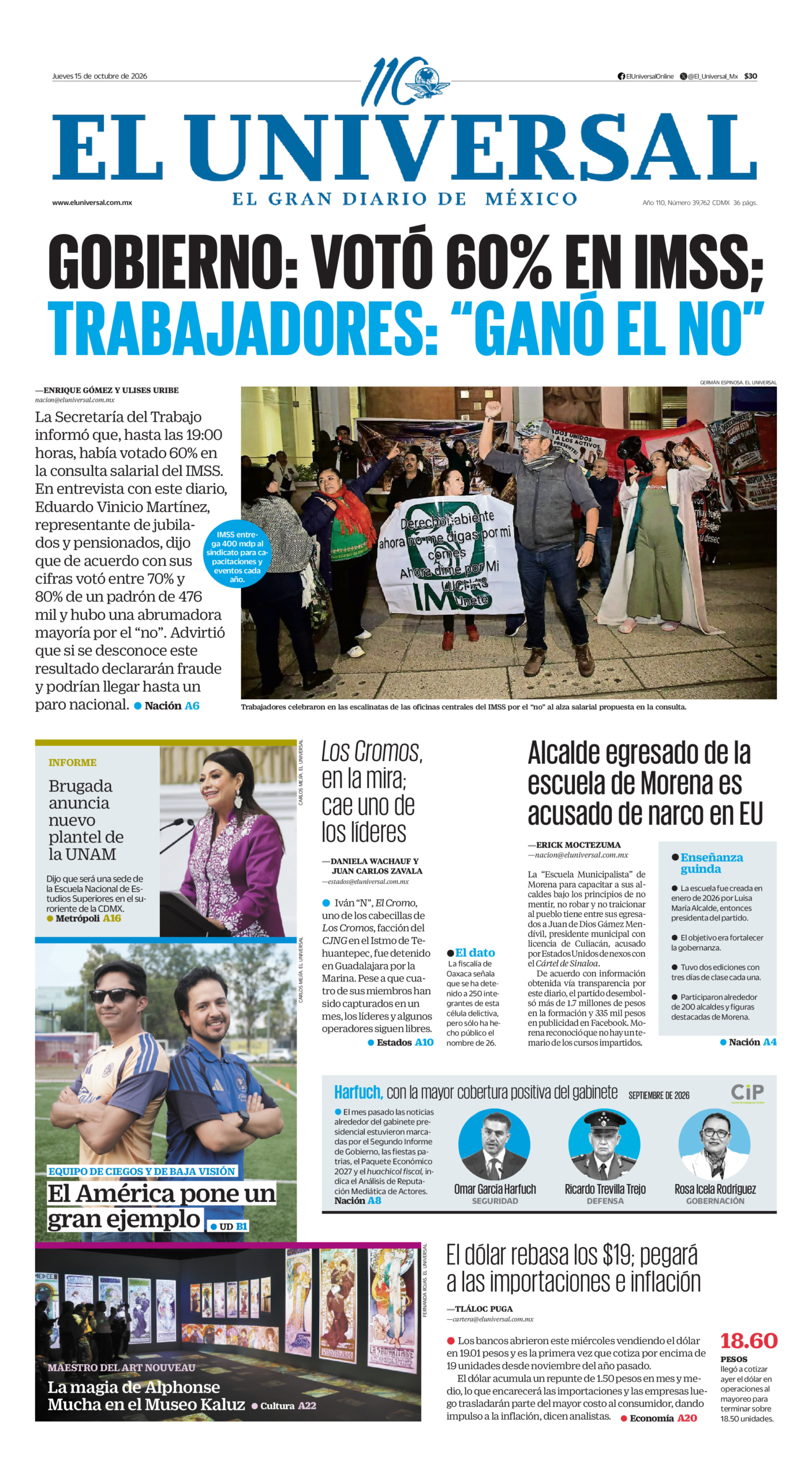 Portada del periódico El Universal correspondiente al 15 de octubre de 2026.