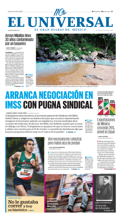 Portada del periódico El Universal correspondiente al 16 de octubre de 2026.