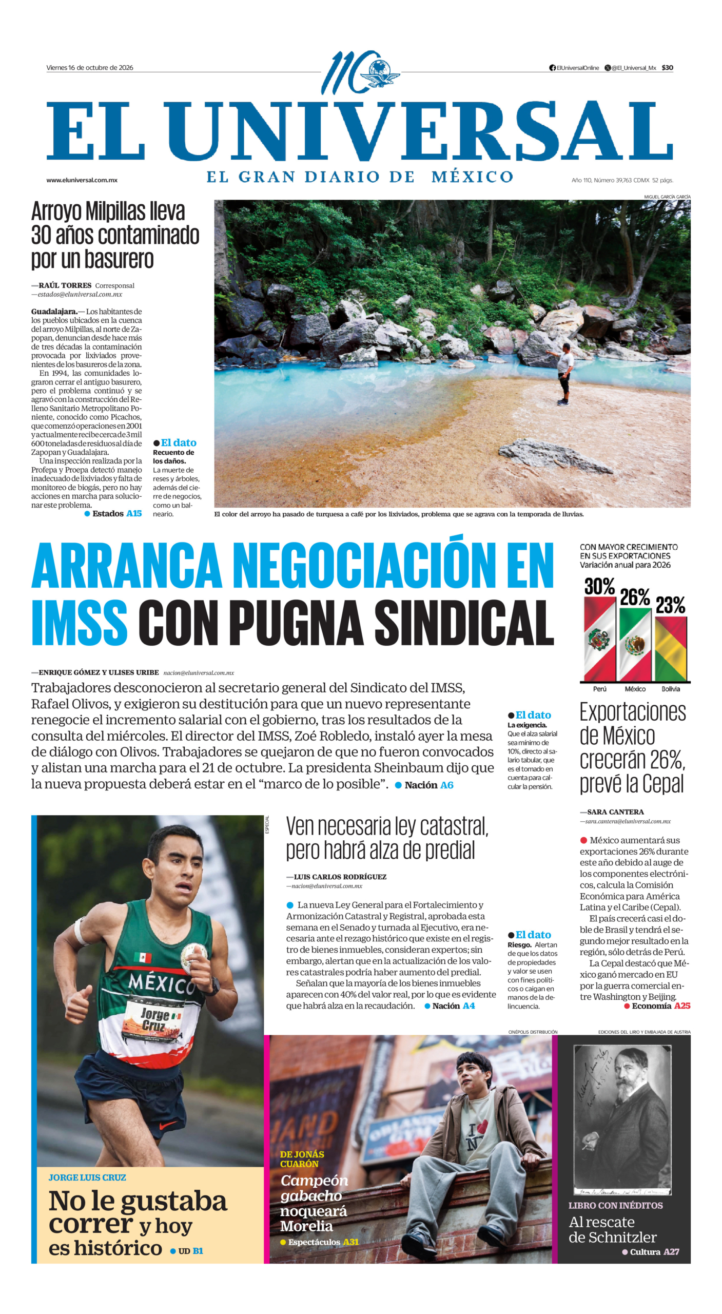 Portada del periódico El Universal correspondiente al 16 de octubre de 2026.