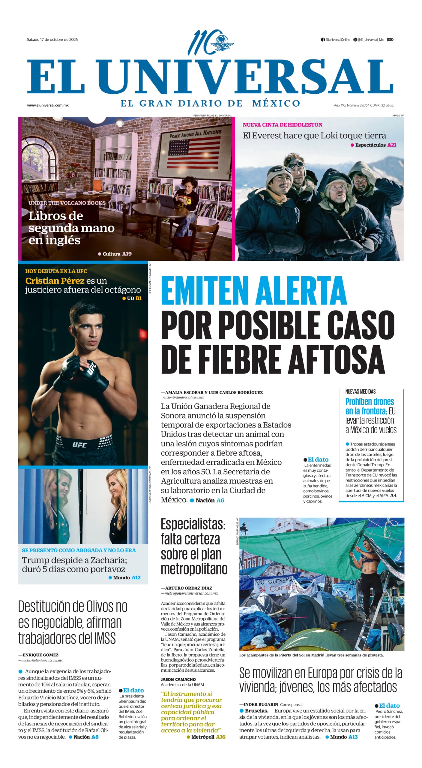 Portada del periódico El Universal correspondiente al 17 de octubre de 2026.