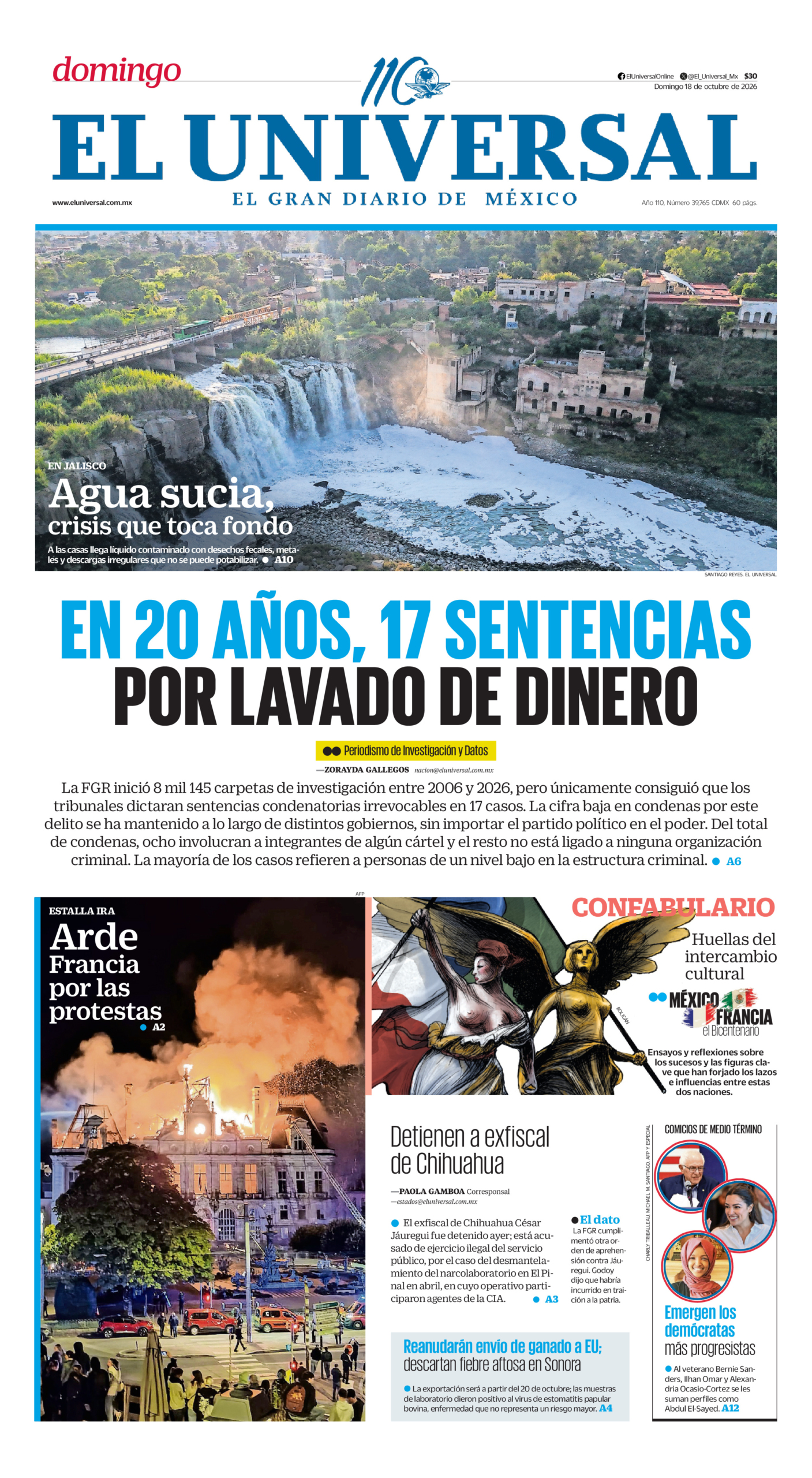 Portada del periódico El Universal correspondiente al 18 de octubre de 2026.
