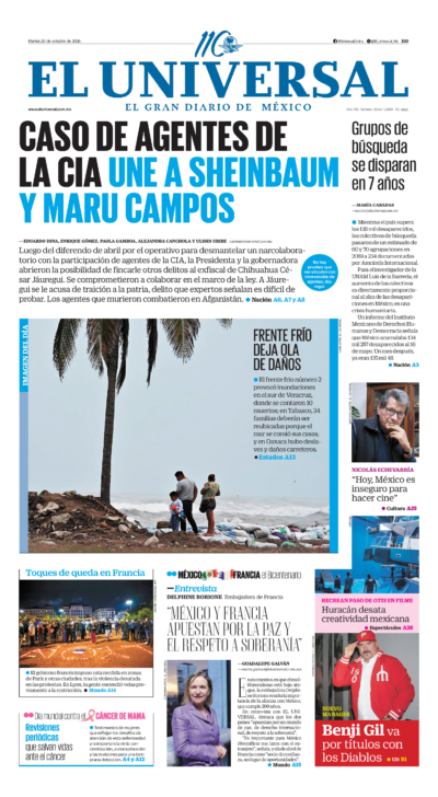 Portada del periódico El Universal correspondiente al 20 de octubre de 2026.