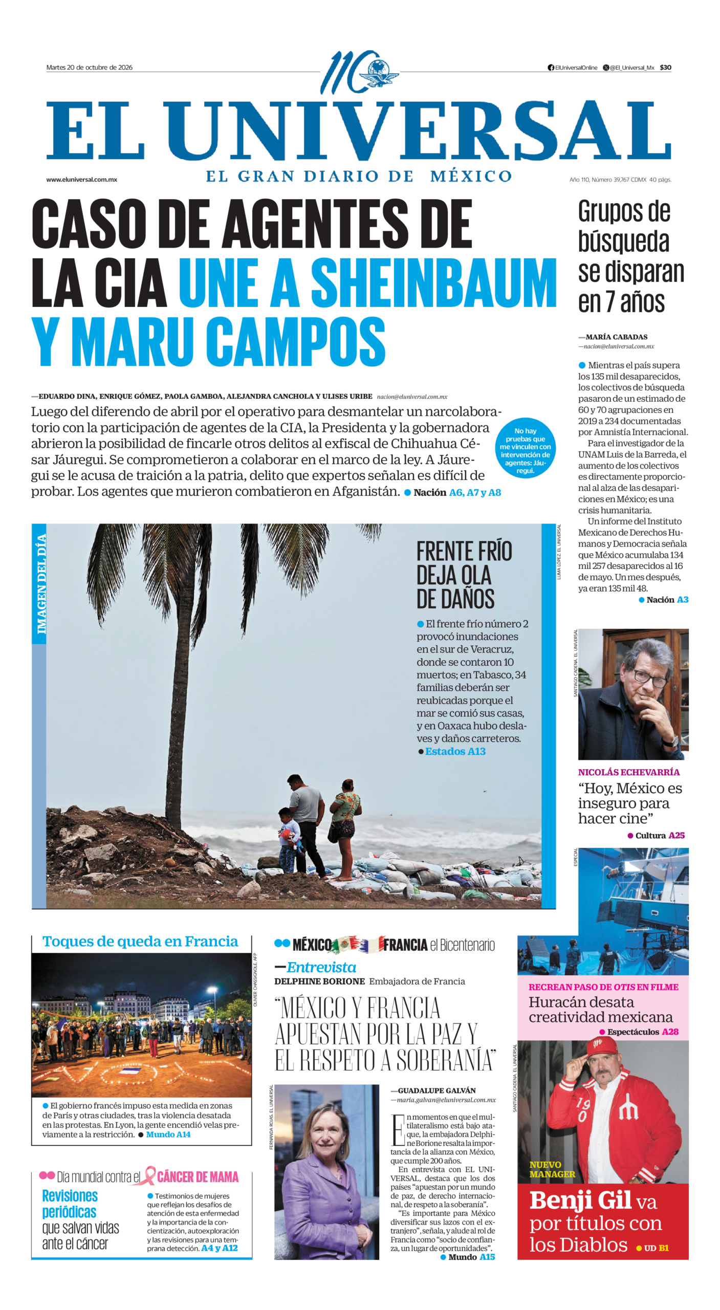 Portada del periódico El Universal correspondiente al 20 de octubre de 2026.