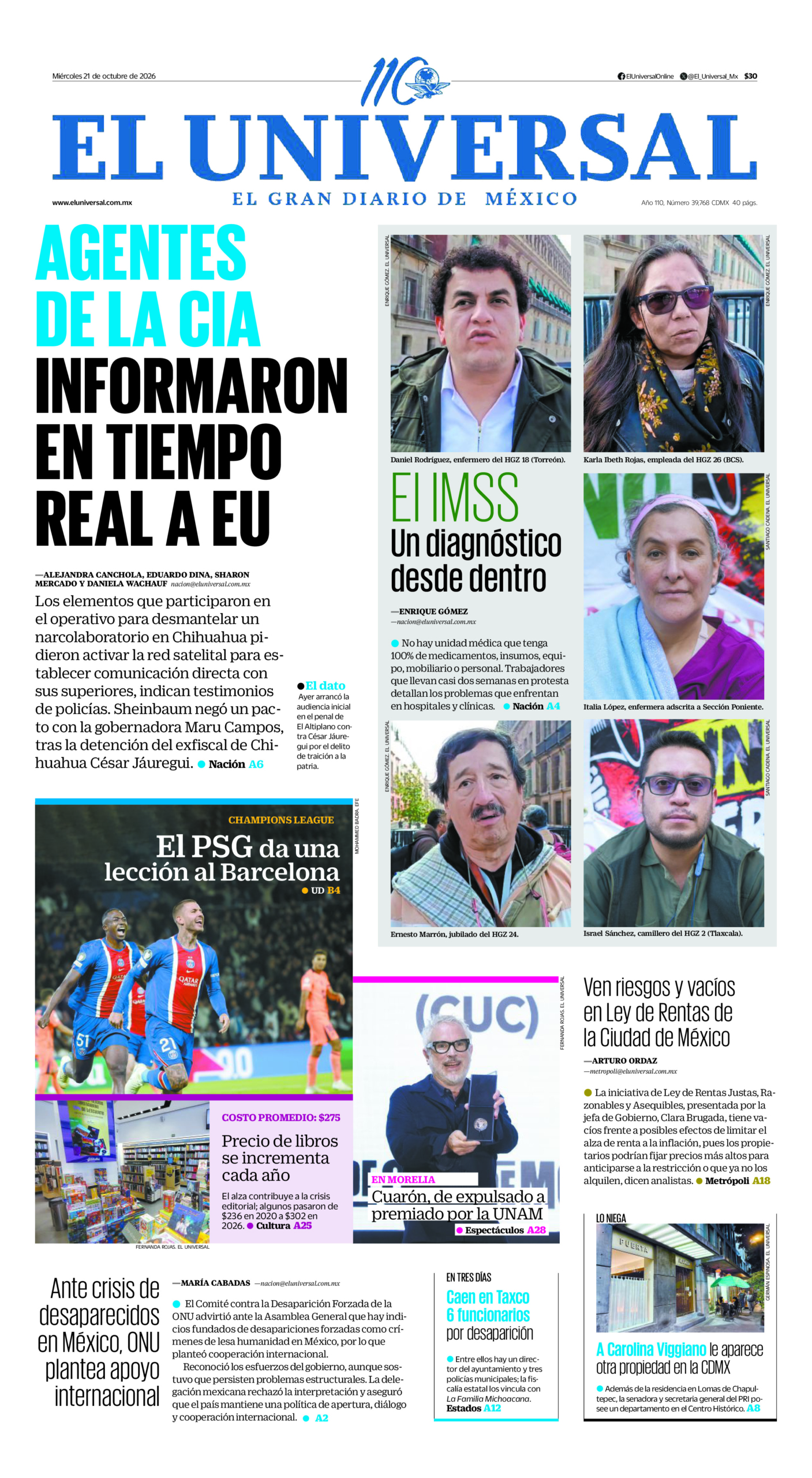 Portada del periódico El Universal correspondiente al 21 de octubre de 2026.
