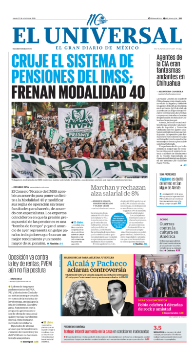 Portada del periódico El Universal correspondiente al 22 de octubre de 2026.
