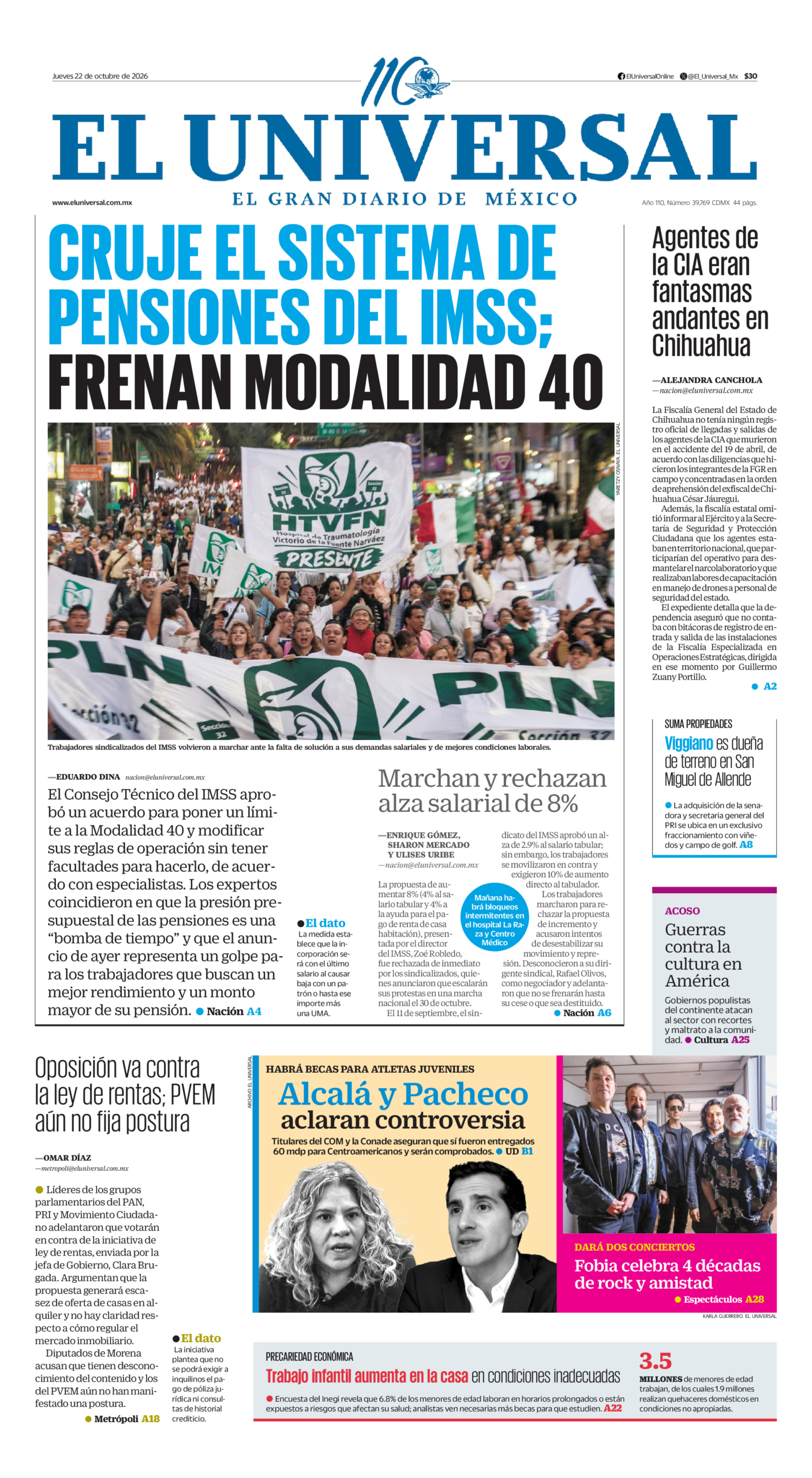 Portada del periódico El Universal correspondiente al 22 de octubre de 2026.