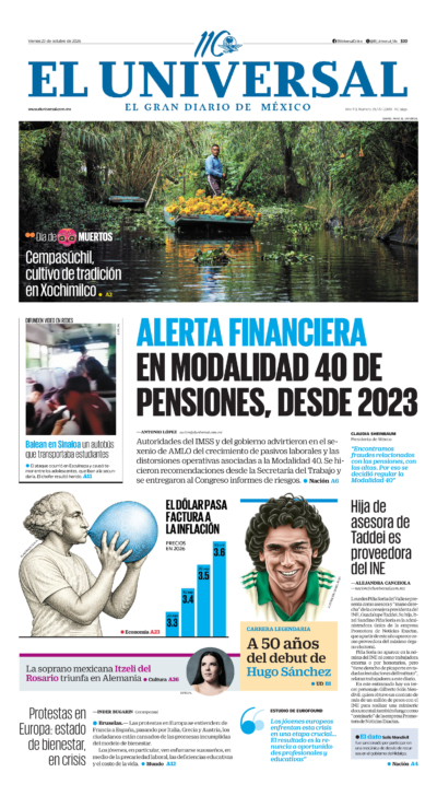 Portada del periódico El Universal correspondiente al 23 de octubre de 2026.