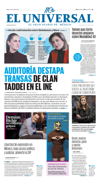 Portada del periódico El Universal correspondiente al 24 de octubre de 2026.