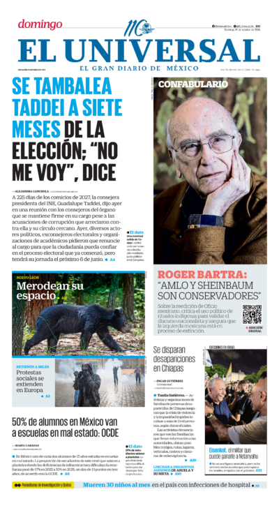 Portada del periódico El Universal correspondiente al 25 de octubre de 2026.