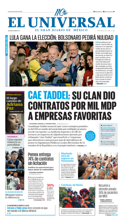 Portada del periódico El Universal correspondiente al 26 de octubre de 2026.