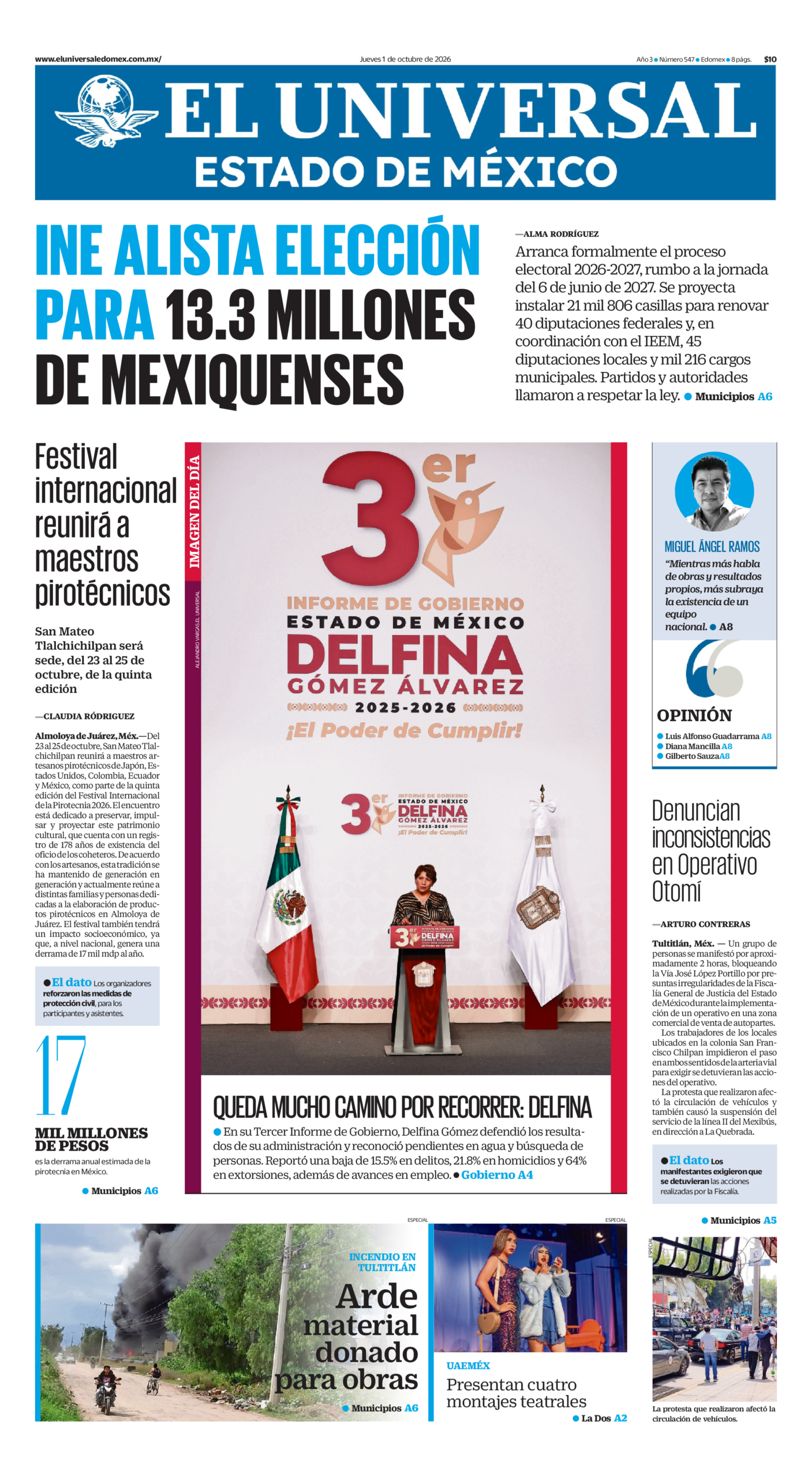 Portada del periódico Estado de México correspondiente al 1 de octubre de 2026.