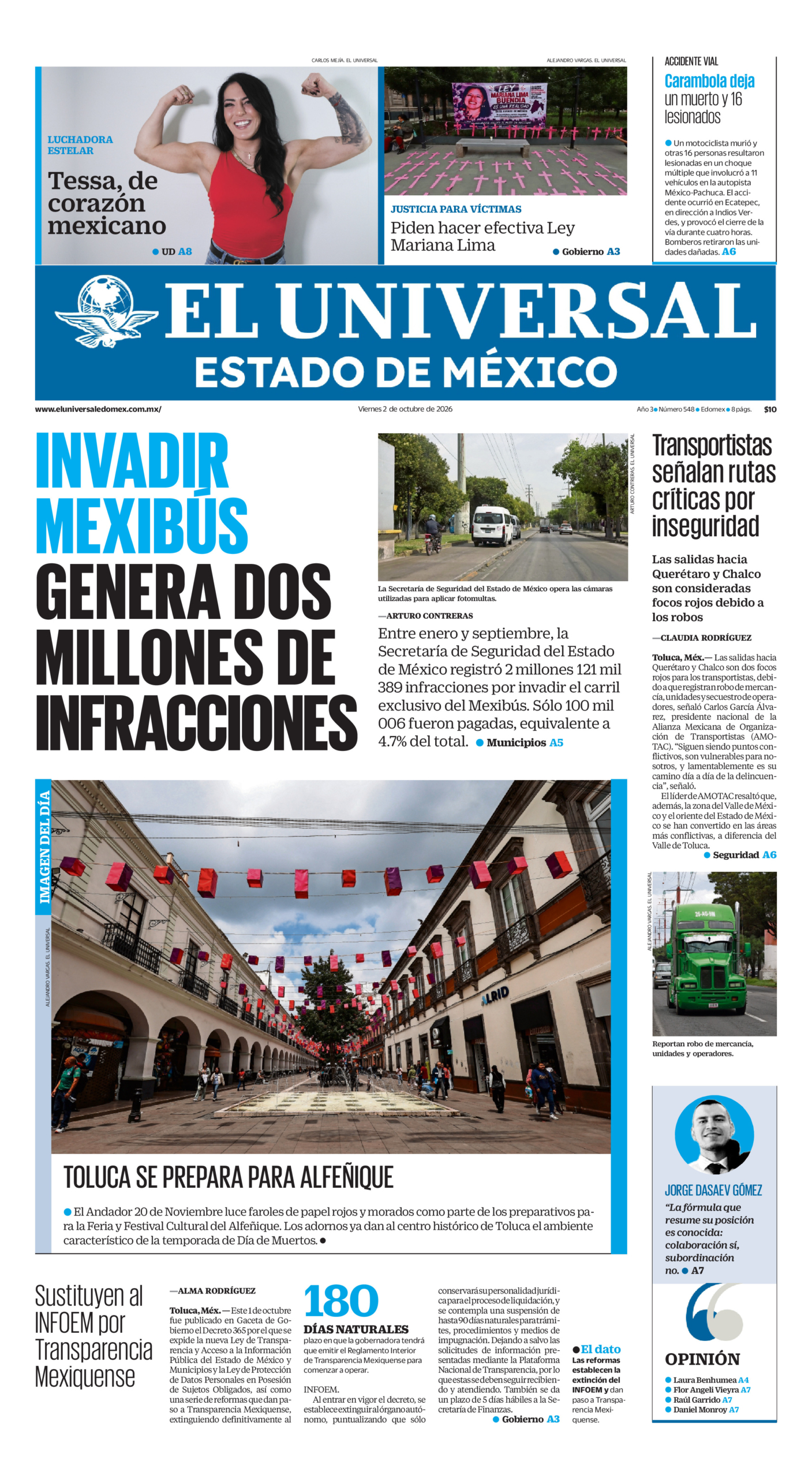 Portada del periódico Estado de México correspondiente al 2 de octubre de 2026.
