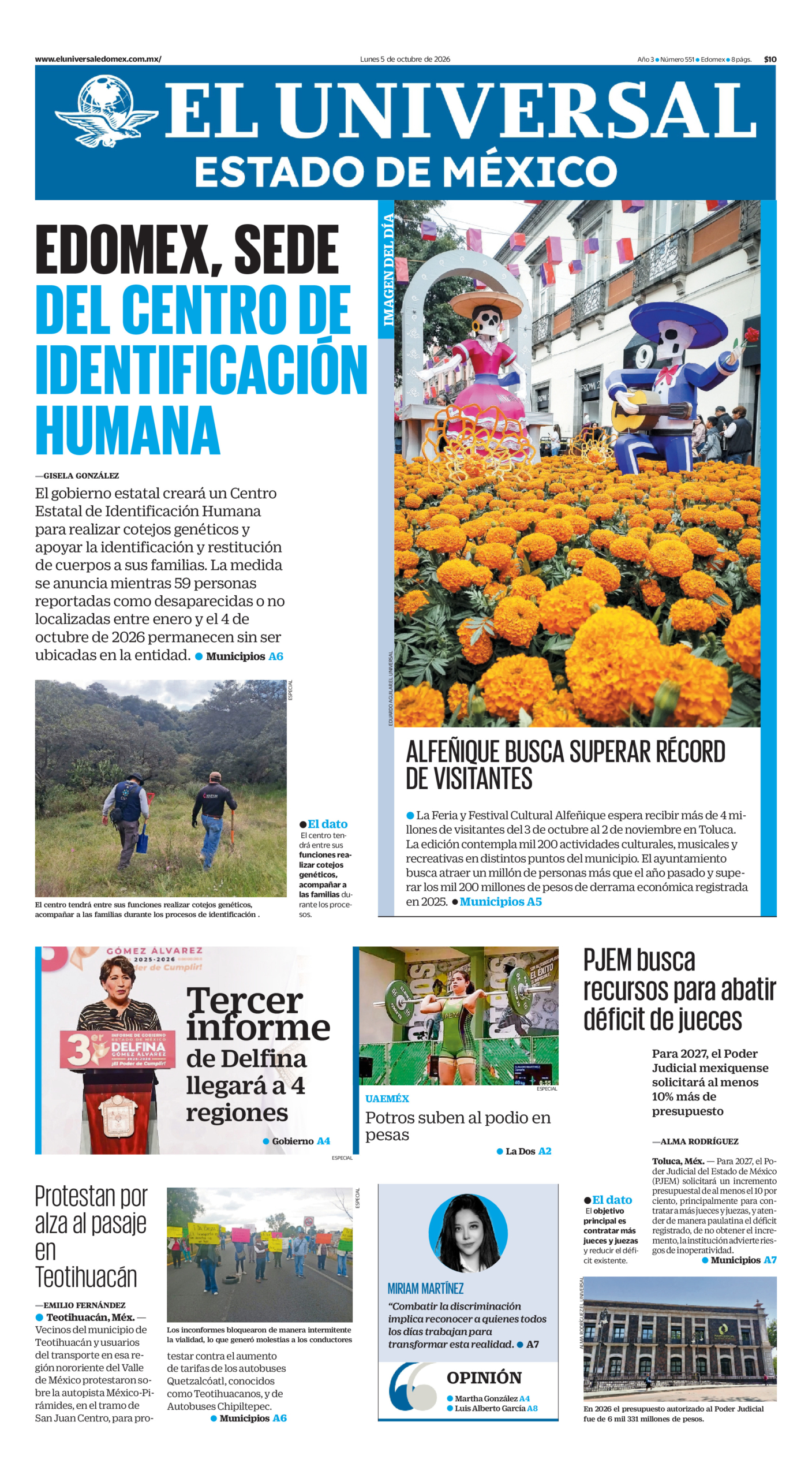 Portada del periódico Estado de México correspondiente al 5 de octubre de 2026.