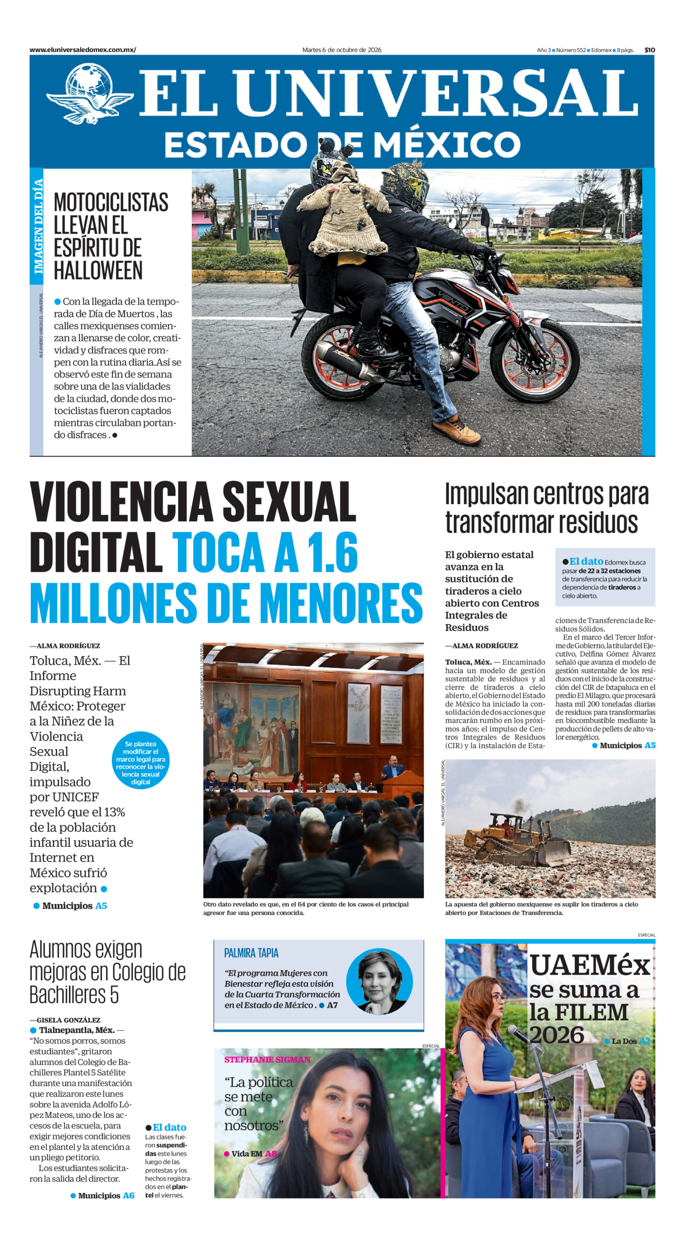Portada del periódico Estado de México correspondiente al 6 de octubre de 2026.