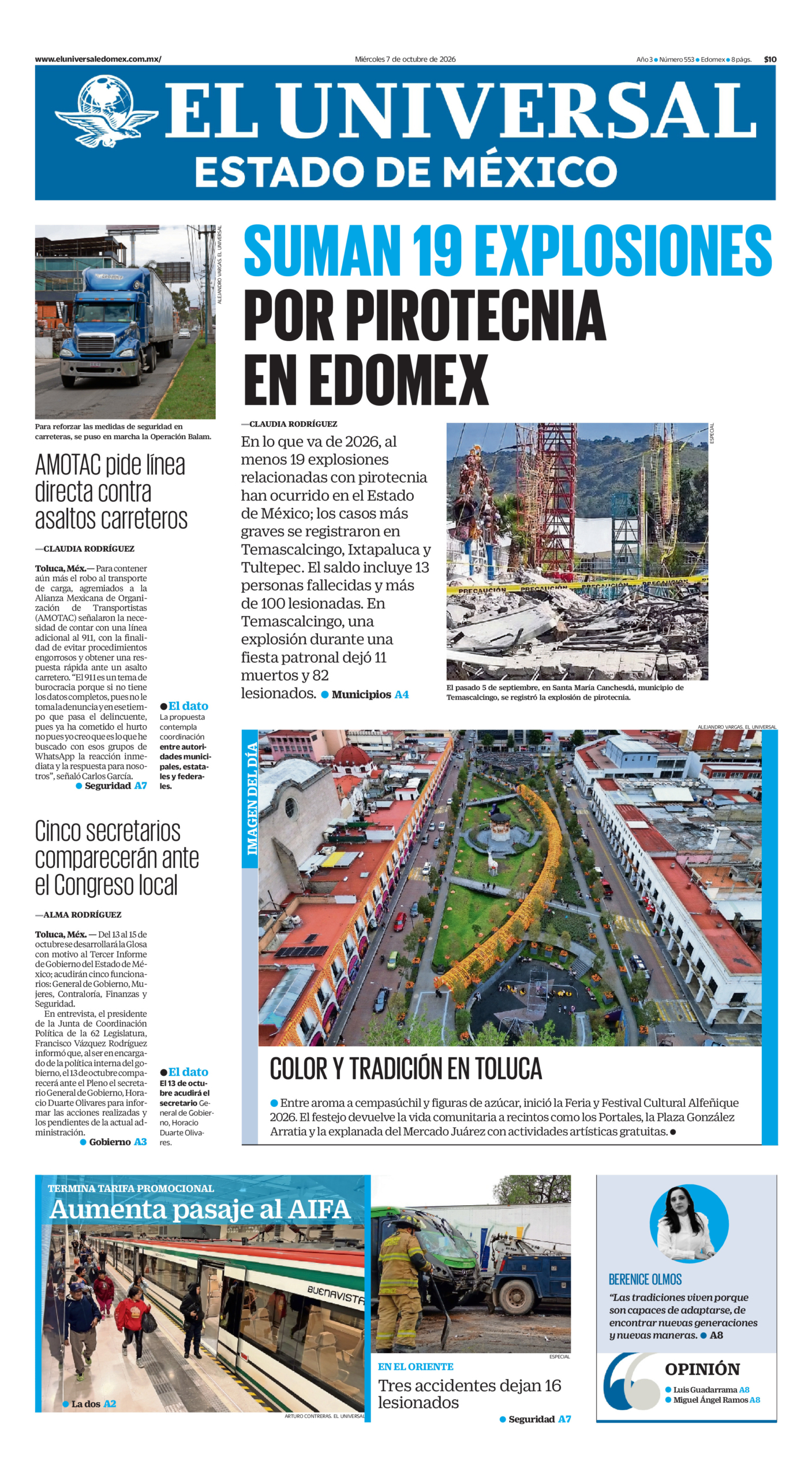 Portada del periódico Estado de México correspondiente al 7 de octubre de 2026.