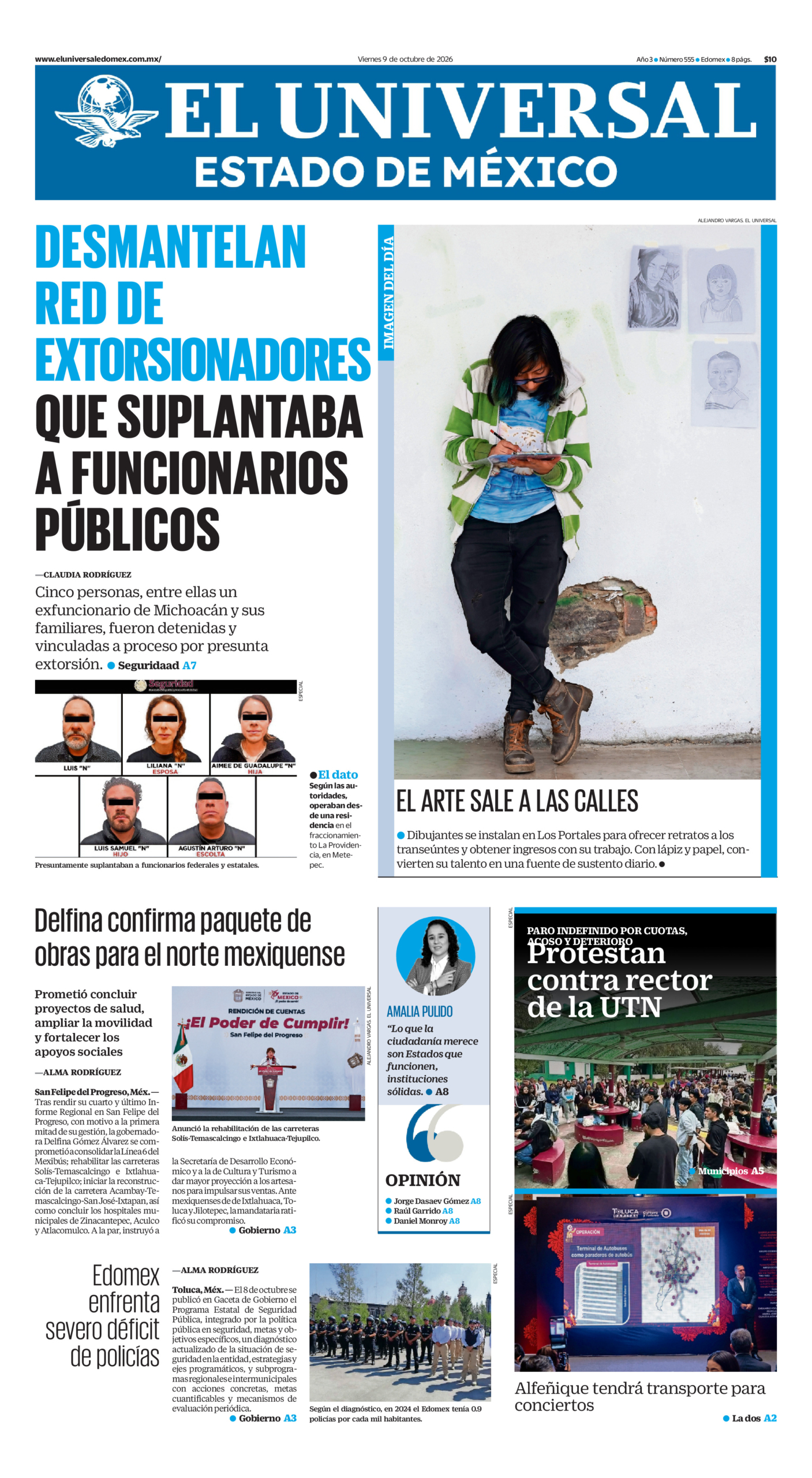 Portada del periódico Estado de México correspondiente al 9 de octubre de 2026.