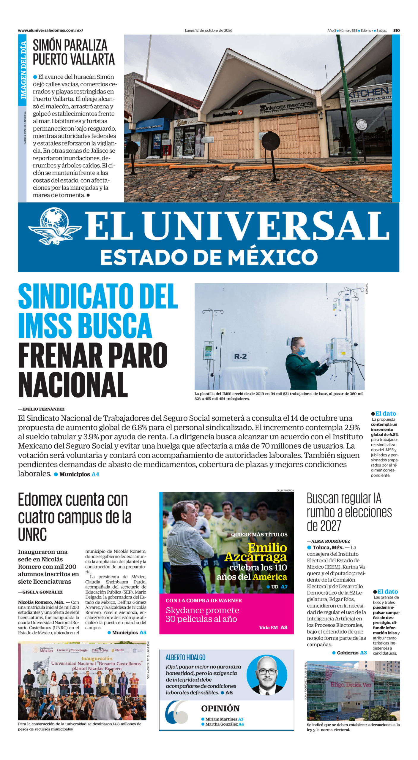 Portada del periódico Estado de México correspondiente al 12 de octubre de 2026.