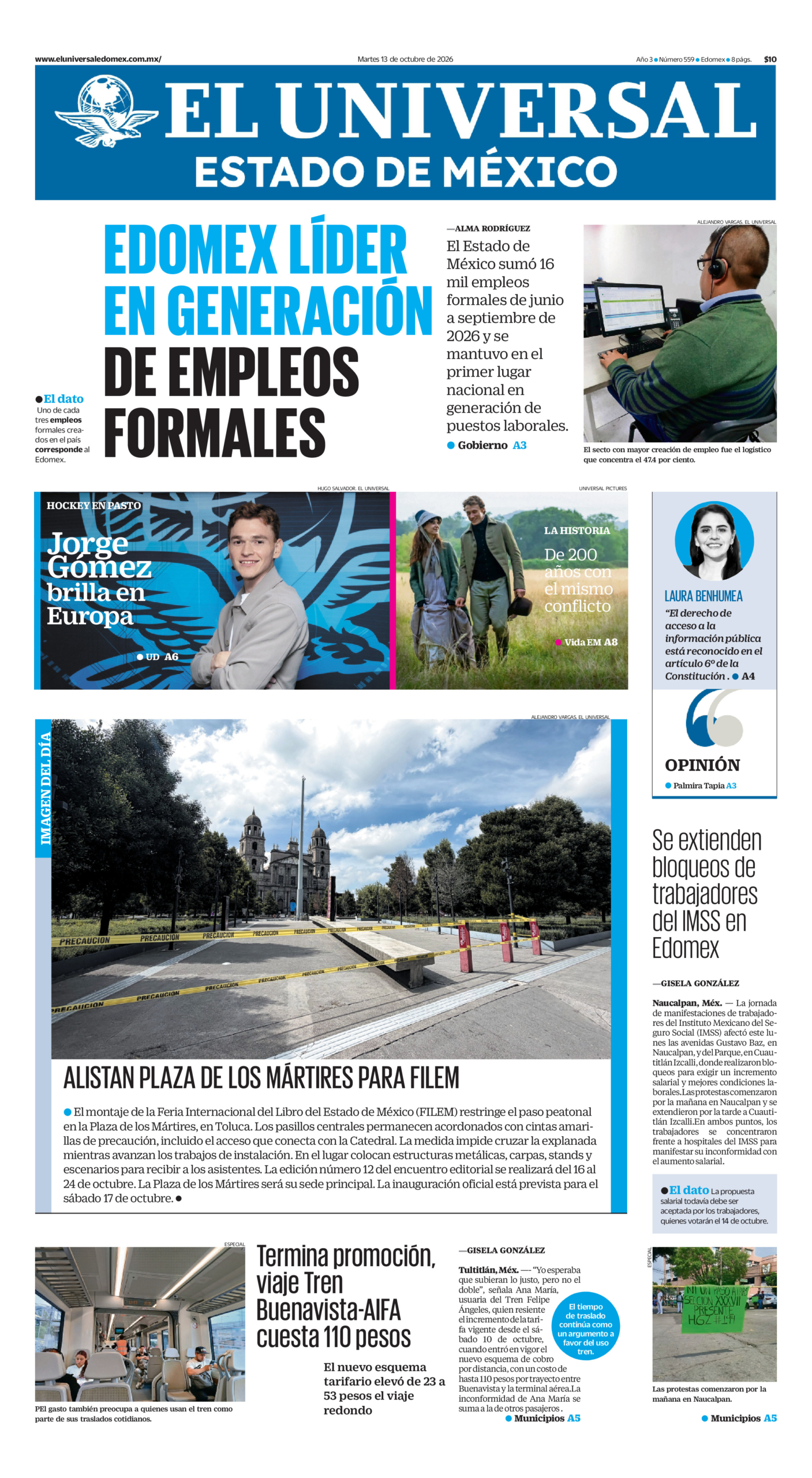 Portada del periódico Estado de México correspondiente al 13 de octubre de 2026.
