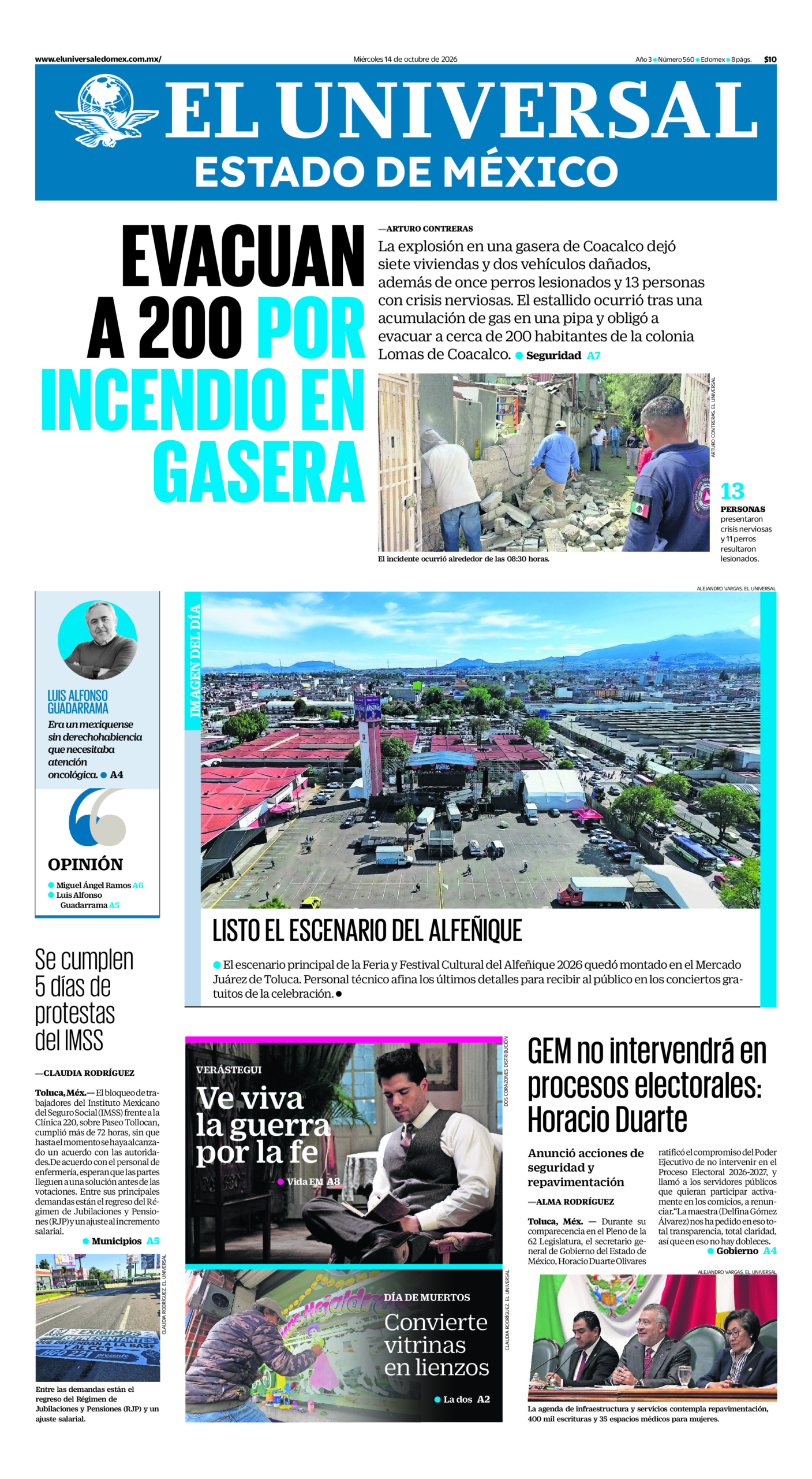 Portada del periódico Estado de México correspondiente al 14 de octubre de 2026.