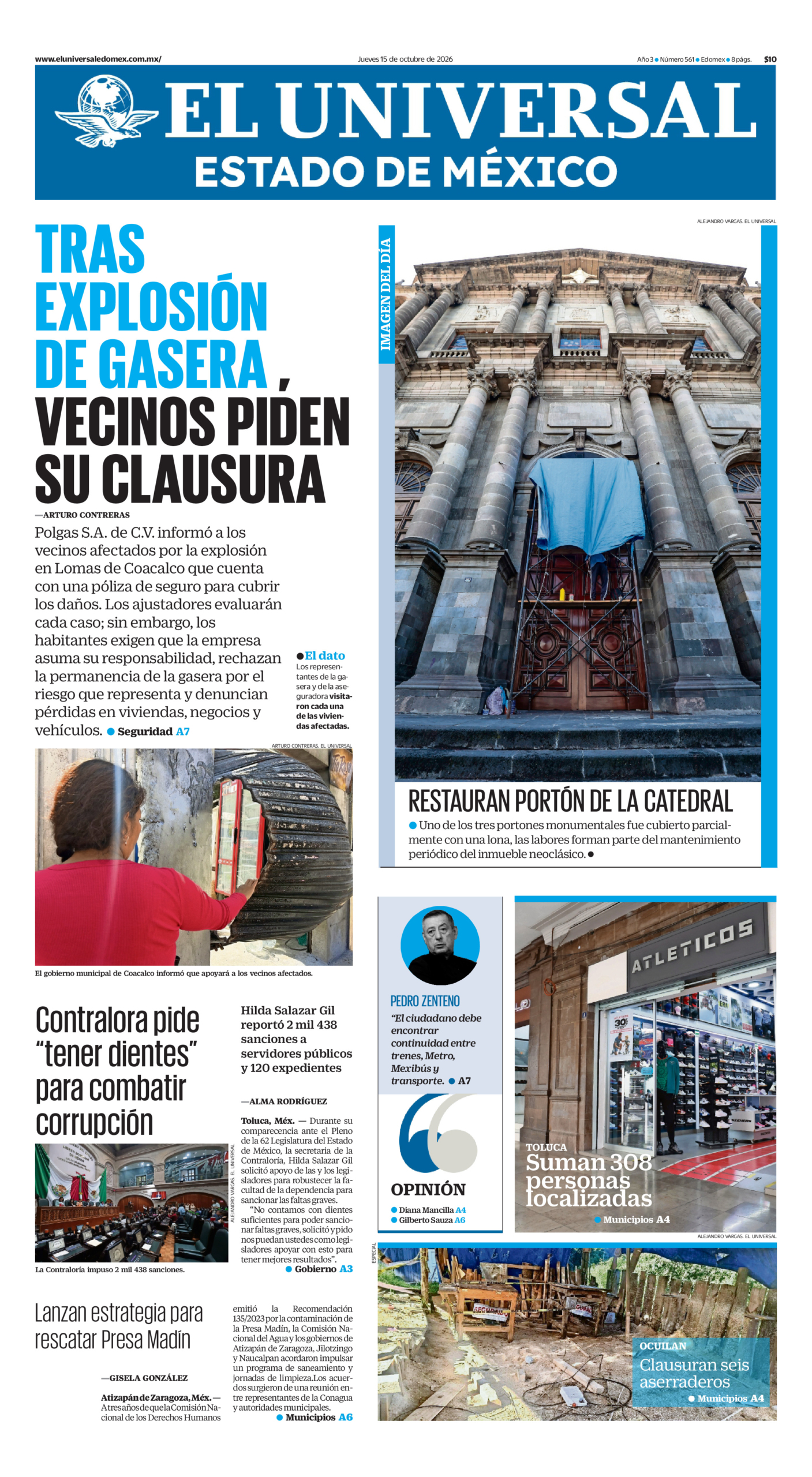 Portada del periódico Estado de México correspondiente al 15 de octubre de 2026.