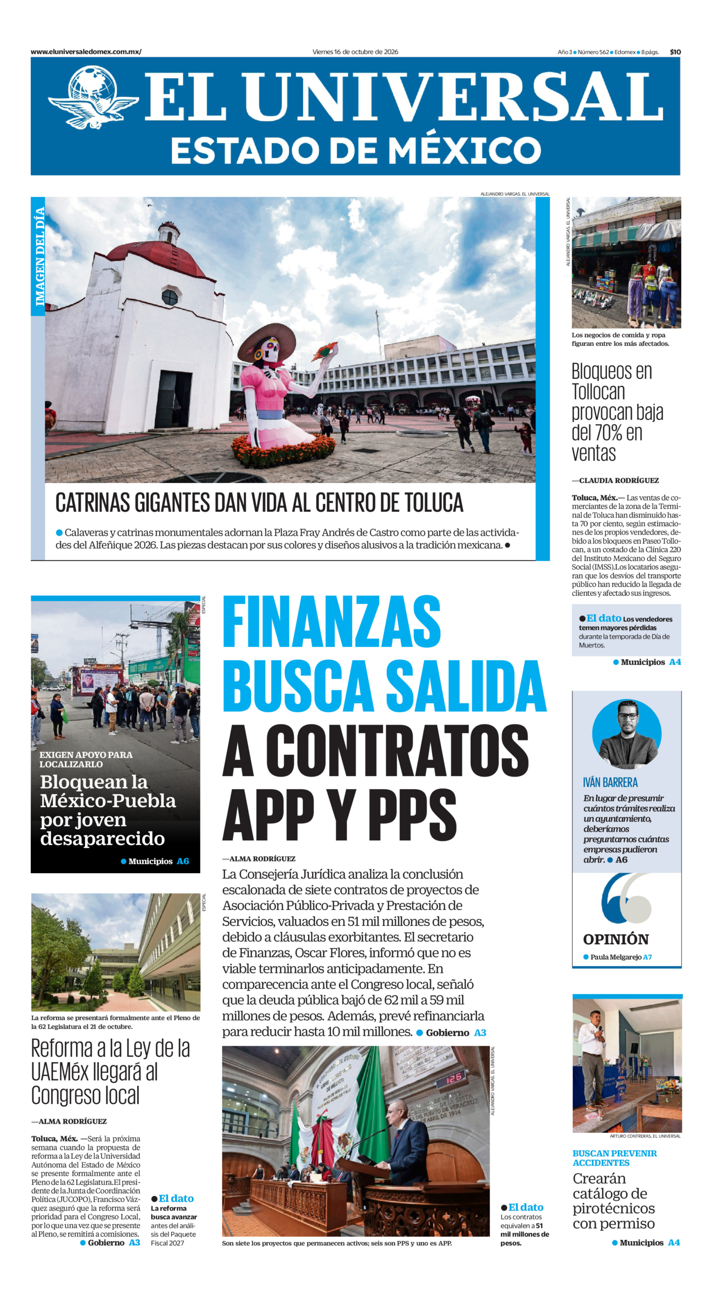 Portada del periódico Estado de México correspondiente al 16 de octubre de 2026.
