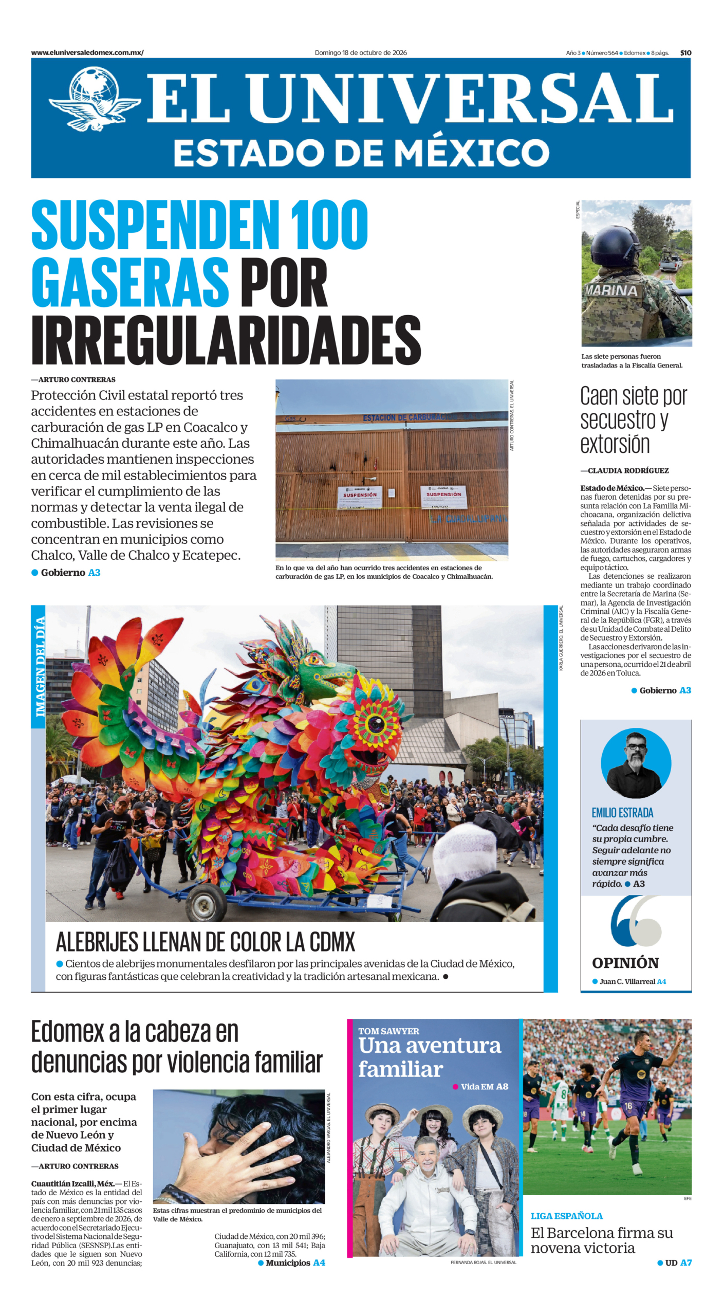 Portada del periódico Estado de México correspondiente al 18 de octubre de 2026.