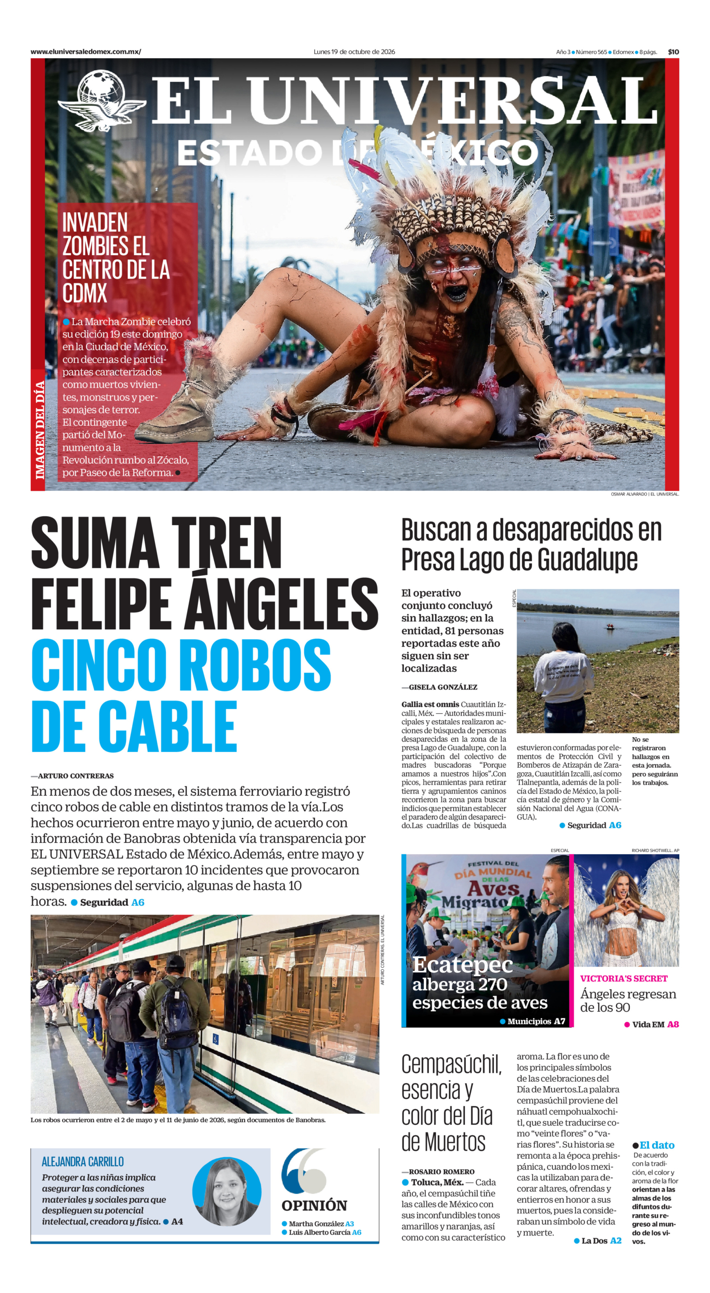 Portada del periódico Estado de México correspondiente al 19 de octubre de 2026.