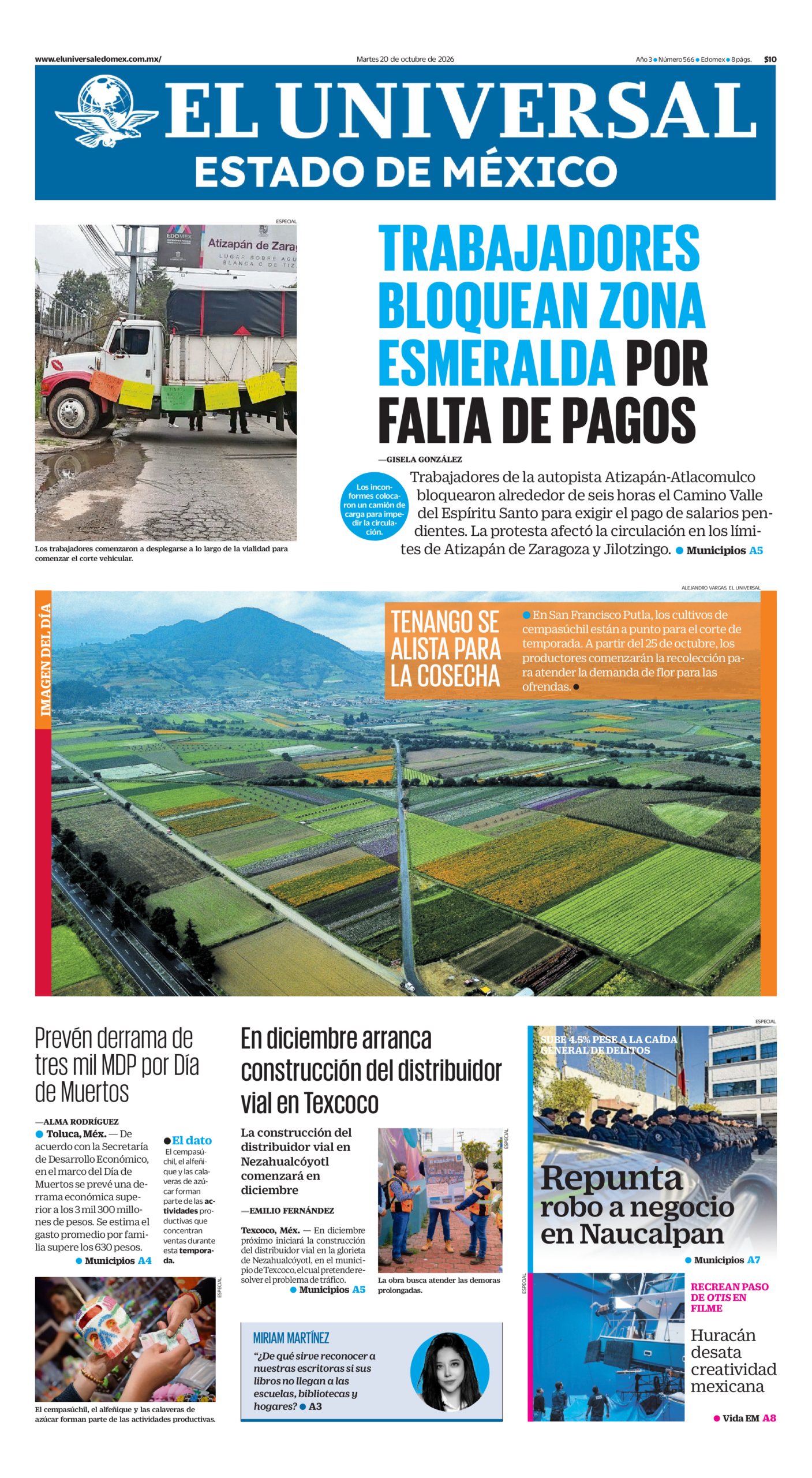 Portada del periódico Estado de México correspondiente al 20 de octubre de 2026.