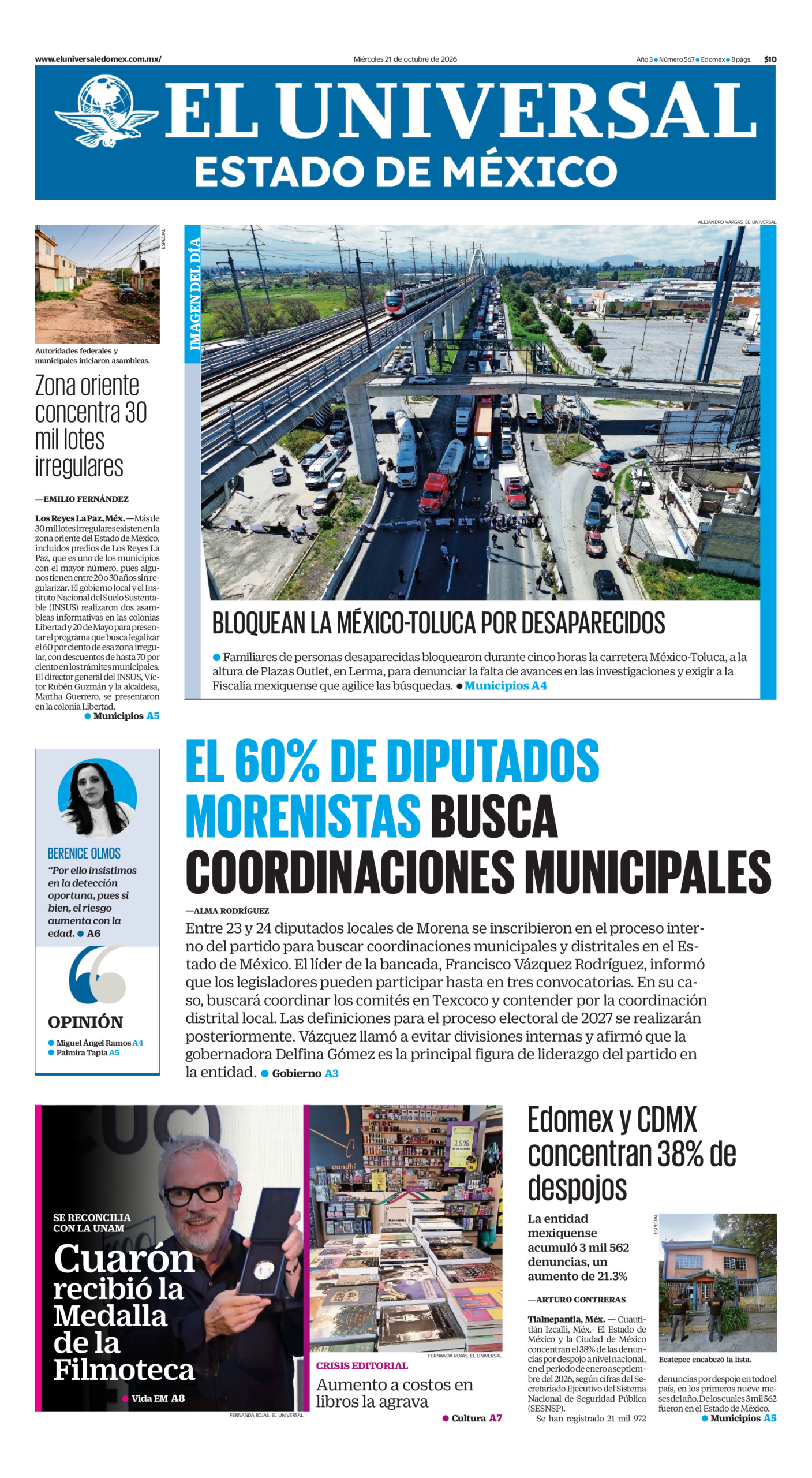 Portada del periódico Estado de México correspondiente al 21 de octubre de 2026.