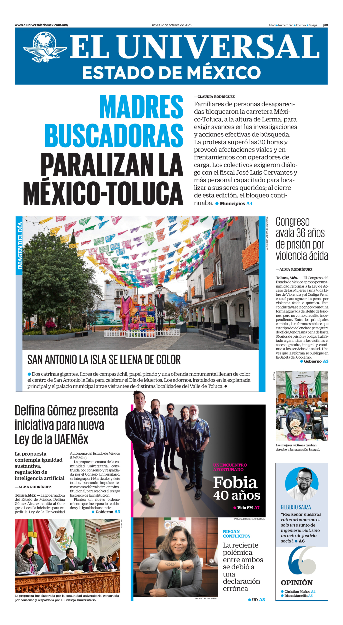 Portada del periódico Estado de México correspondiente al 22 de octubre de 2026.