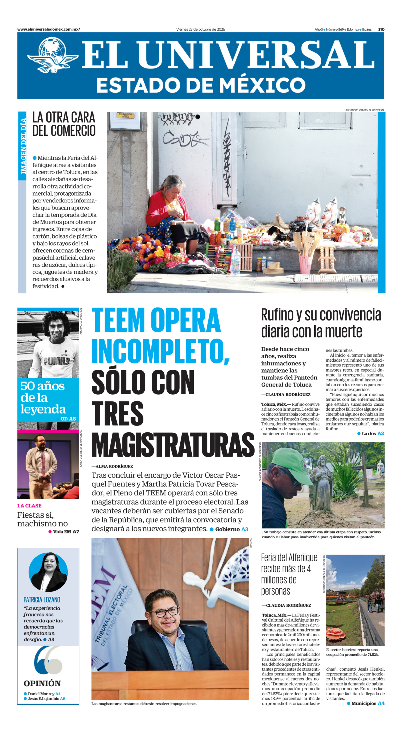 Portada del periódico Estado de México correspondiente al 23 de octubre de 2026.