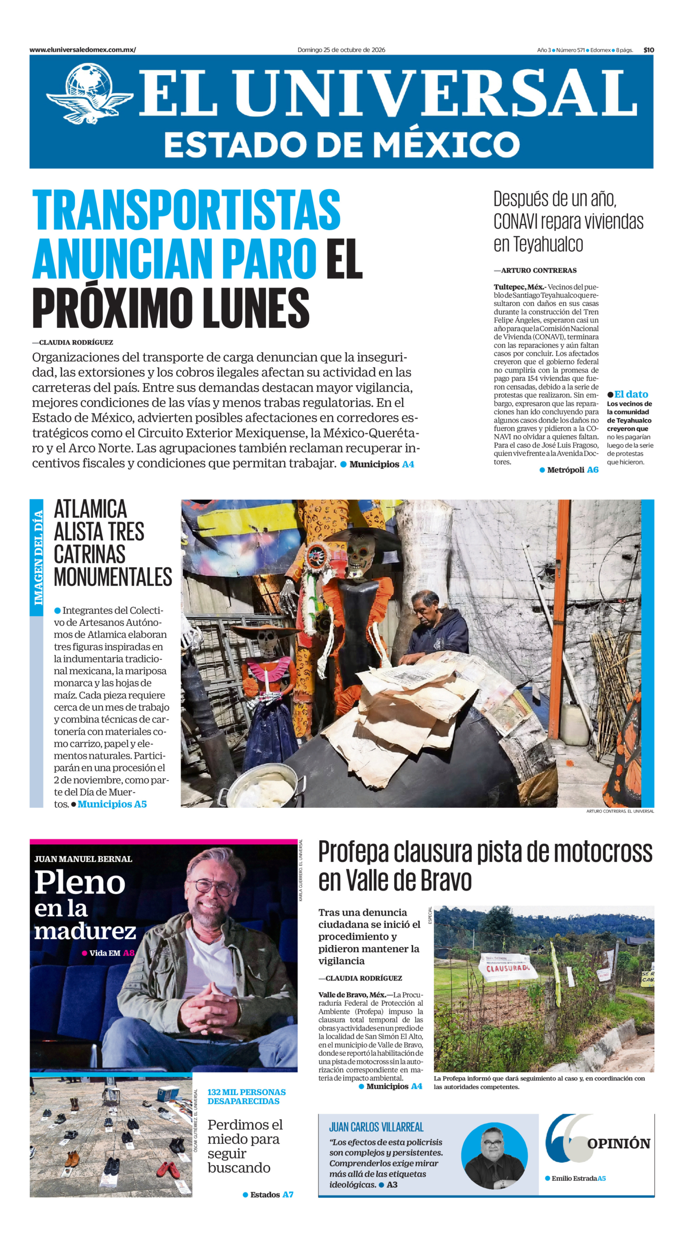 Portada del periódico Estado de México correspondiente al 25 de octubre de 2026.