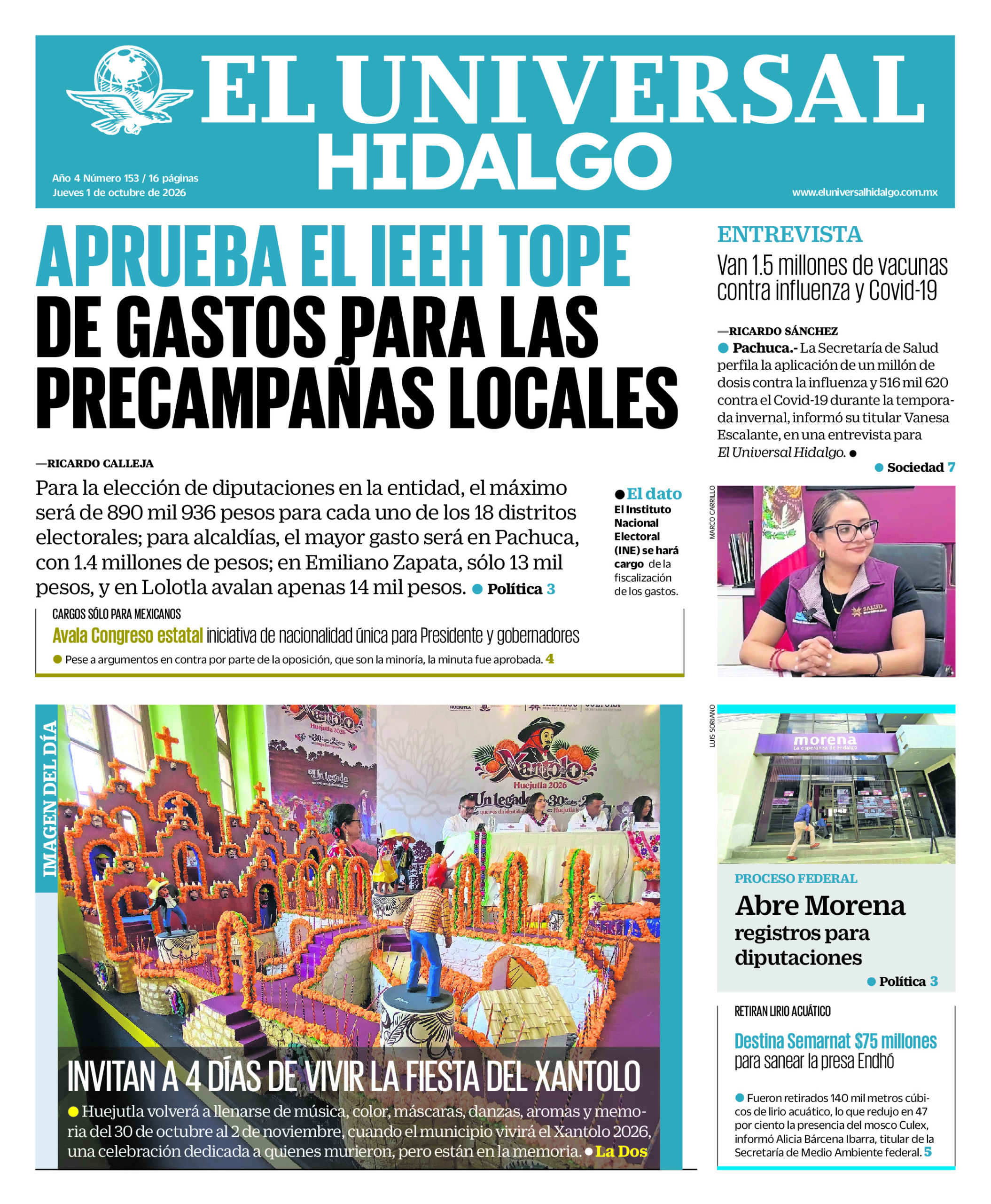 Portada del periódico Hidalgo correspondiente al 1 de octubre de 2026.