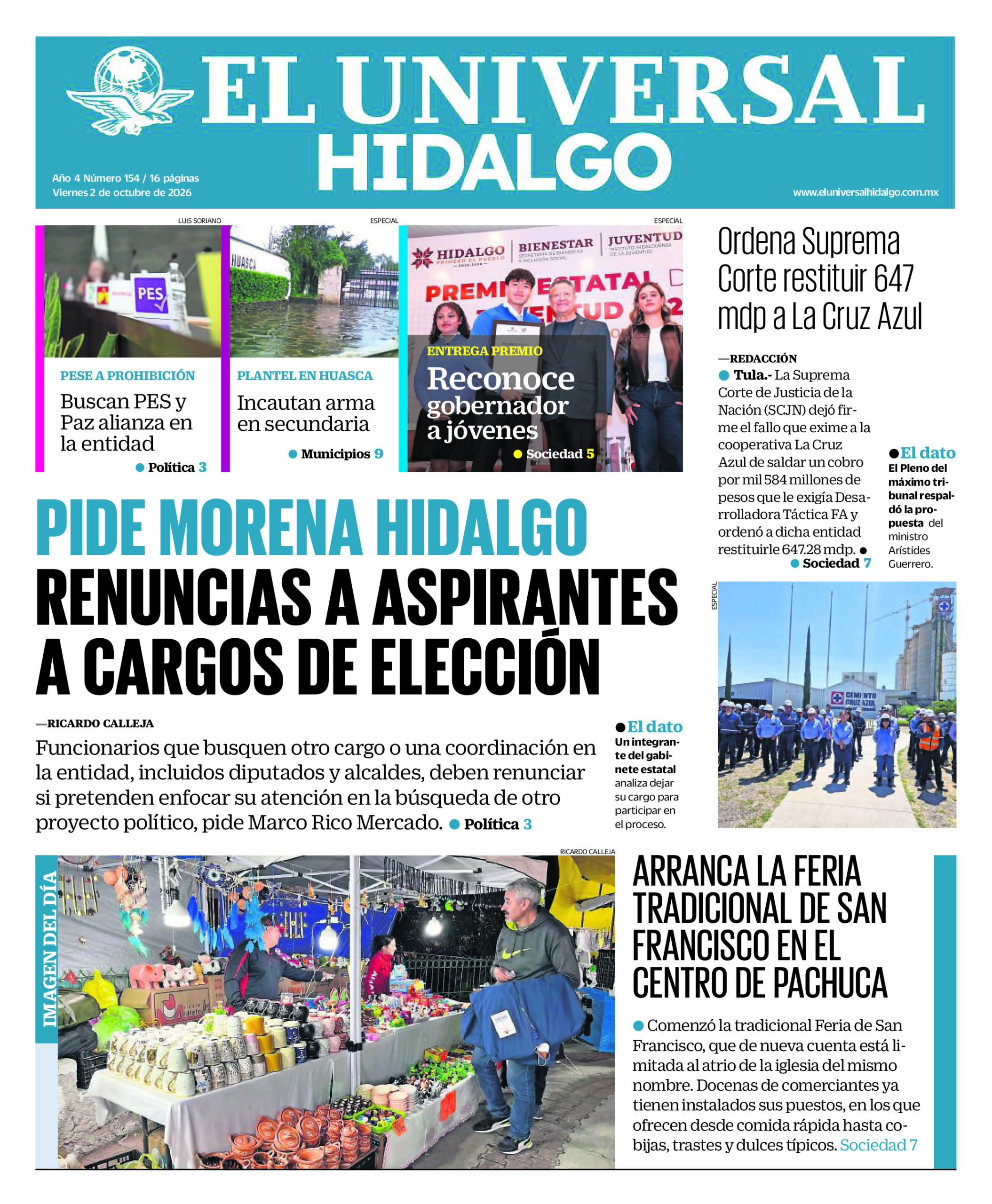 Portada del periódico Hidalgo correspondiente al 2 de octubre de 2026.