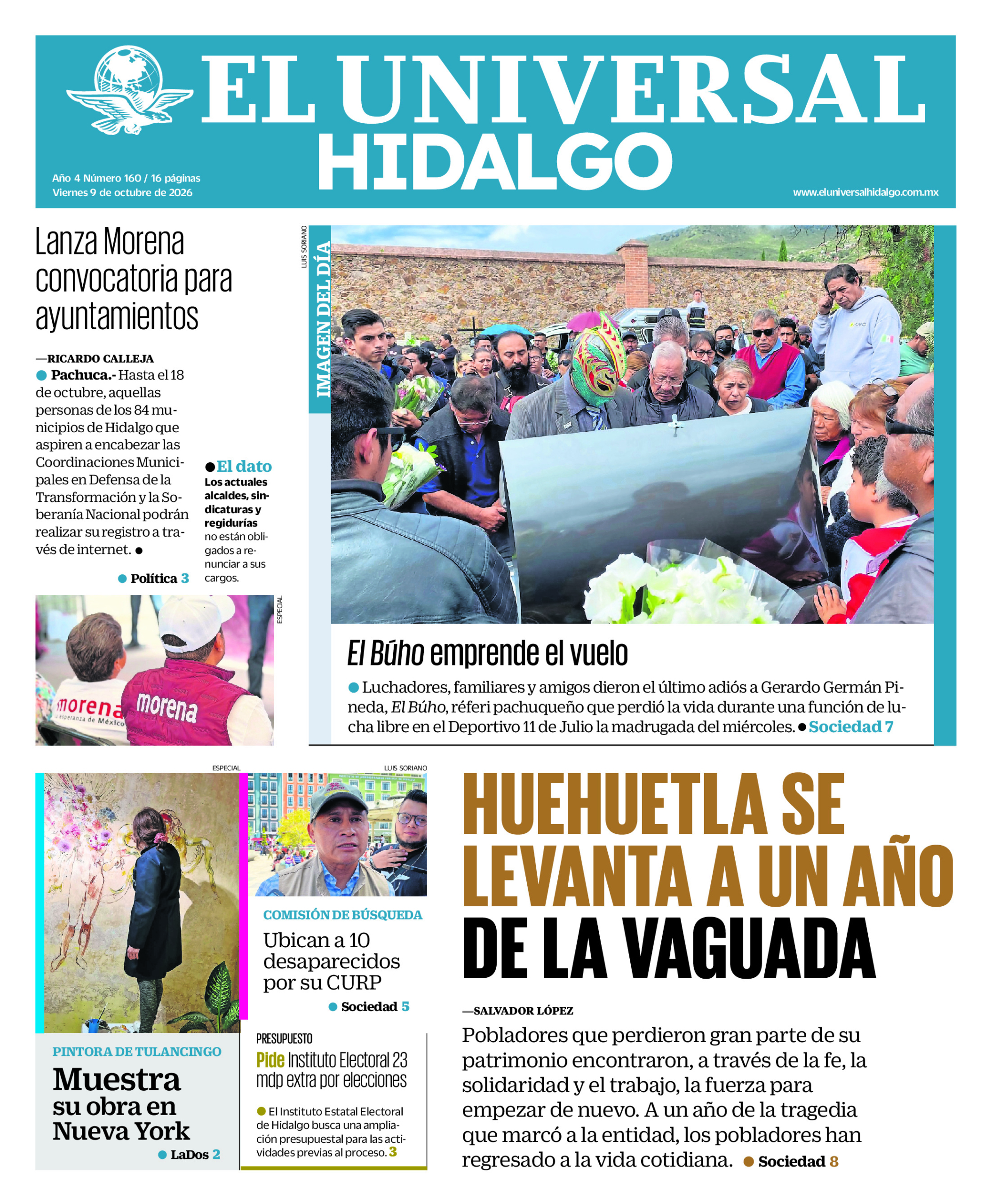 Portada del periódico Hidalgo correspondiente al 9 de octubre de 2026.