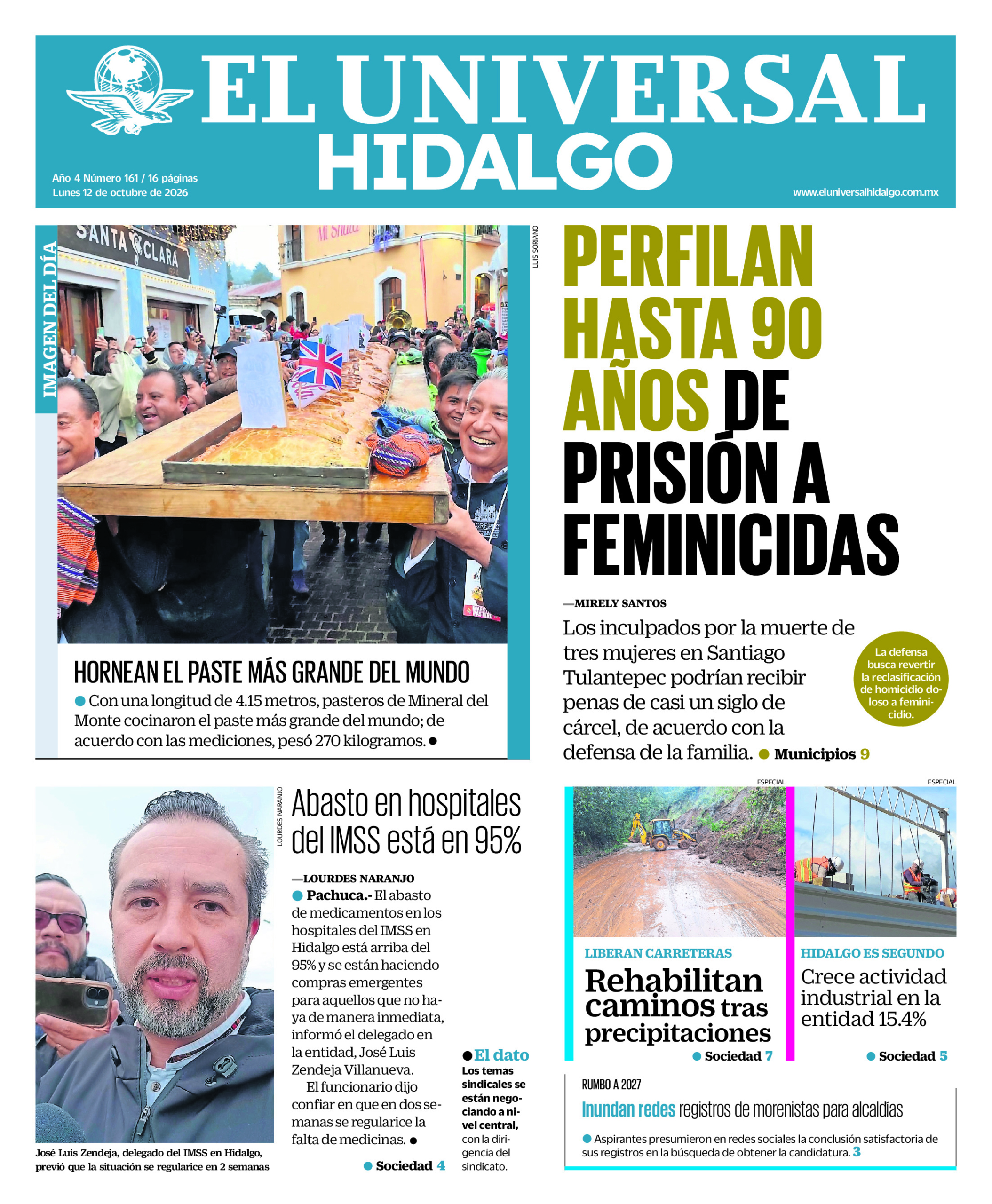 Portada del periódico Hidalgo correspondiente al 12 de octubre de 2026.
