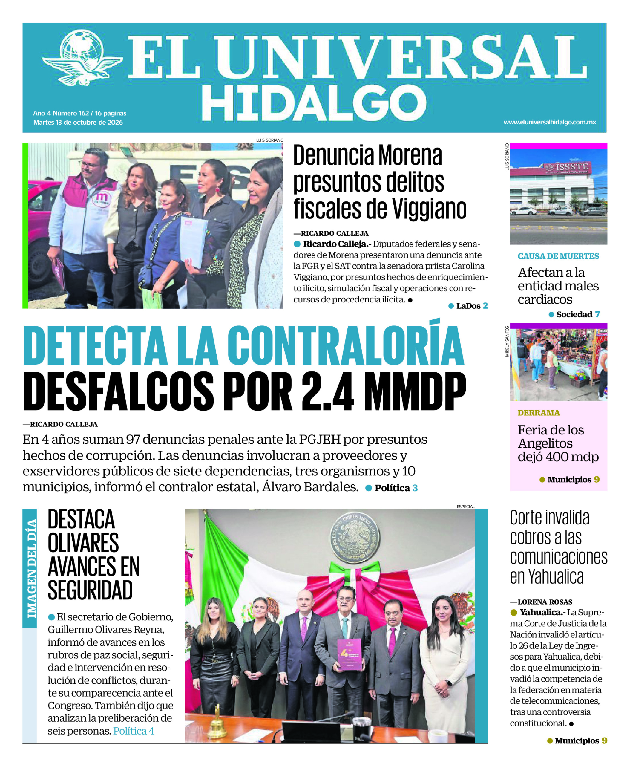 Portada del periódico Hidalgo correspondiente al 13 de octubre de 2026.