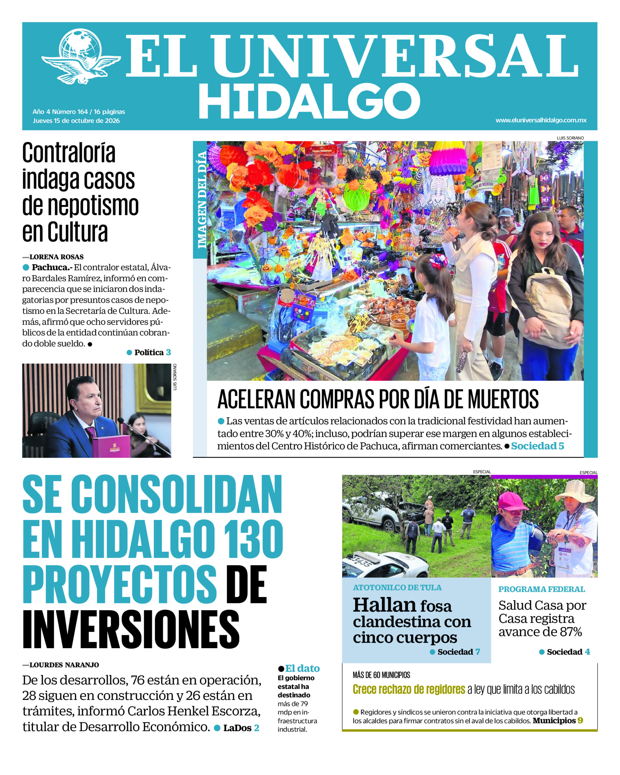 Portada del periódico Hidalgo correspondiente al 15 de octubre de 2026.