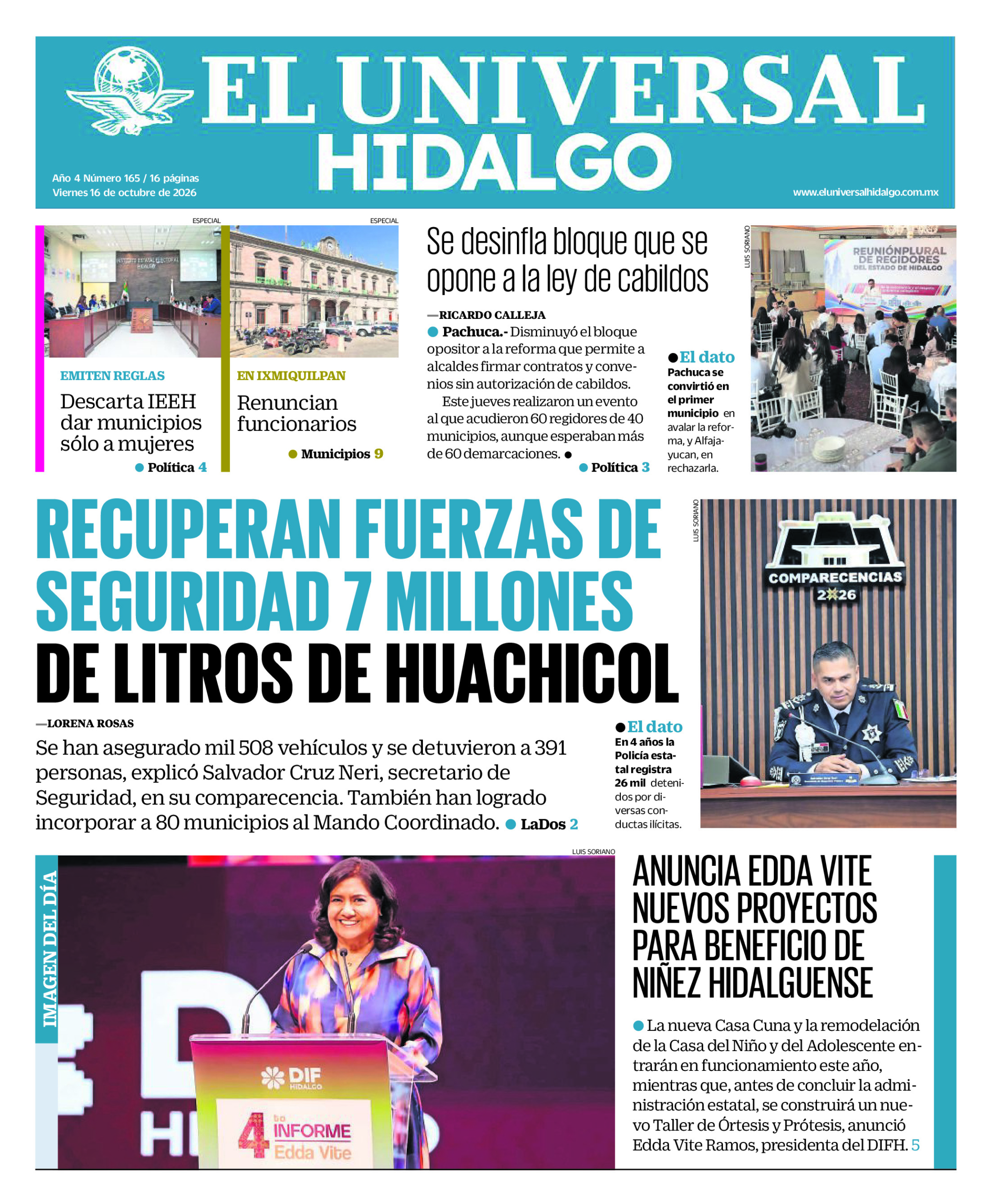 Portada del periódico Hidalgo correspondiente al 16 de octubre de 2026.