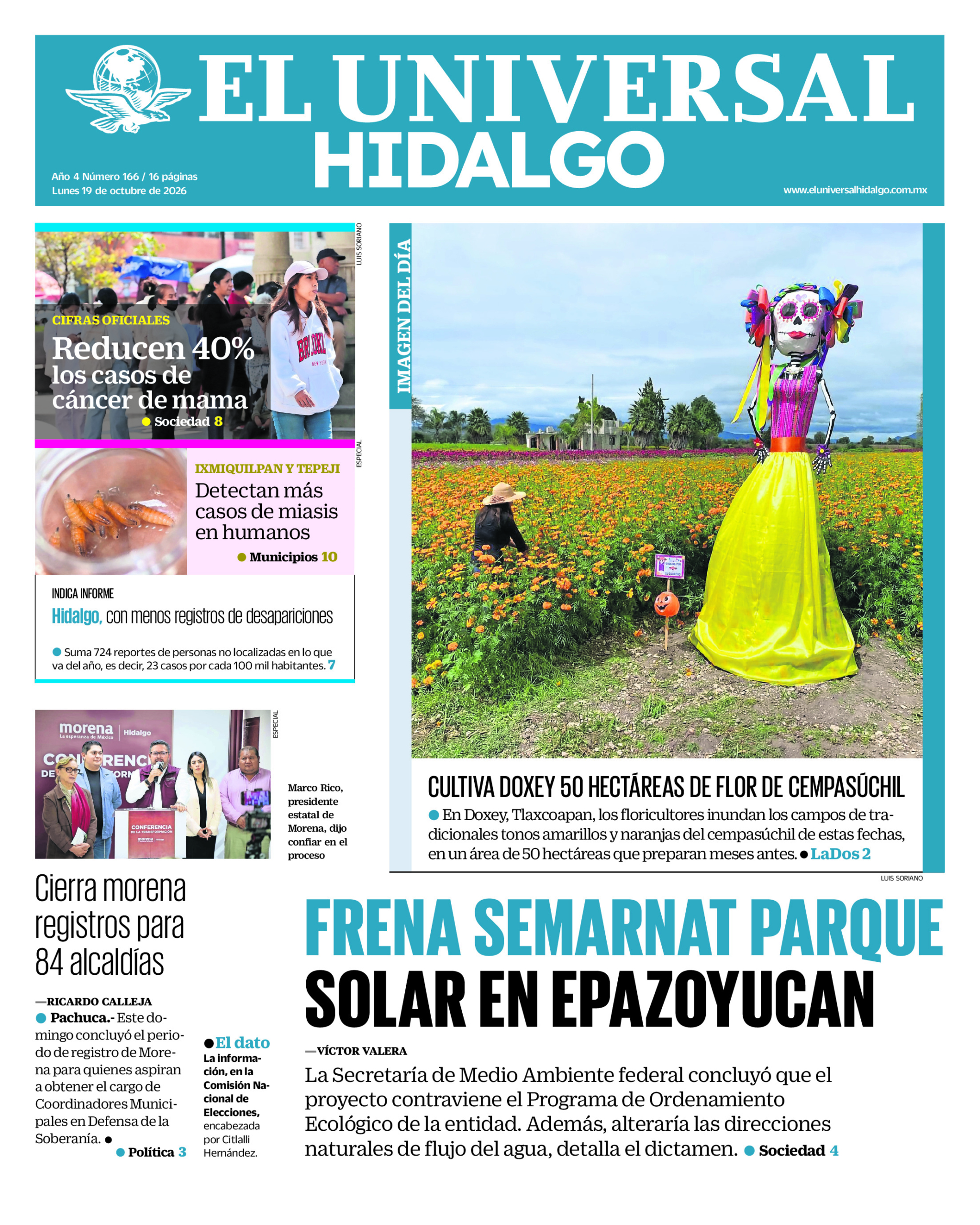 Portada del periódico Hidalgo correspondiente al 19 de octubre de 2026.