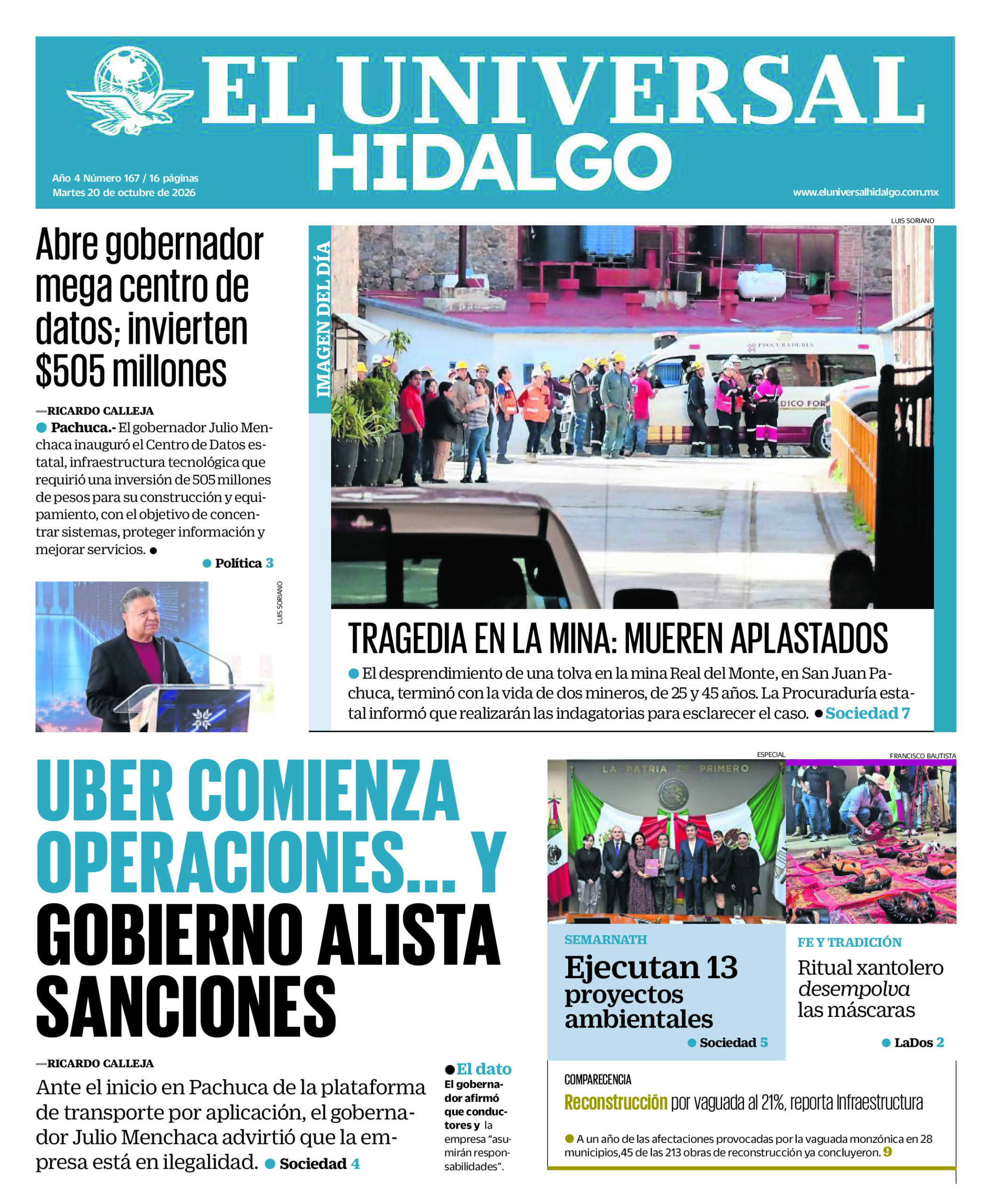 Portada del periódico Hidalgo correspondiente al 20 de octubre de 2026.