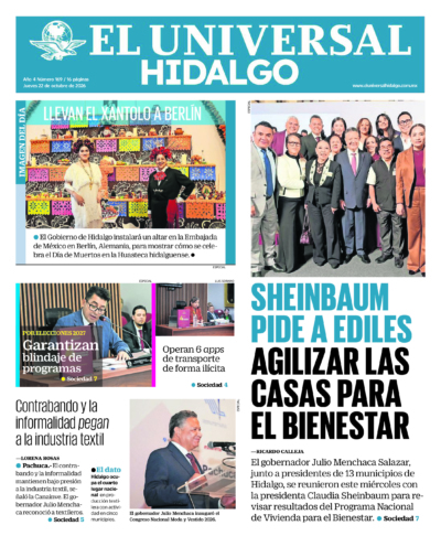 Portada del periódico Hidalgo correspondiente al 22 de octubre de 2026.