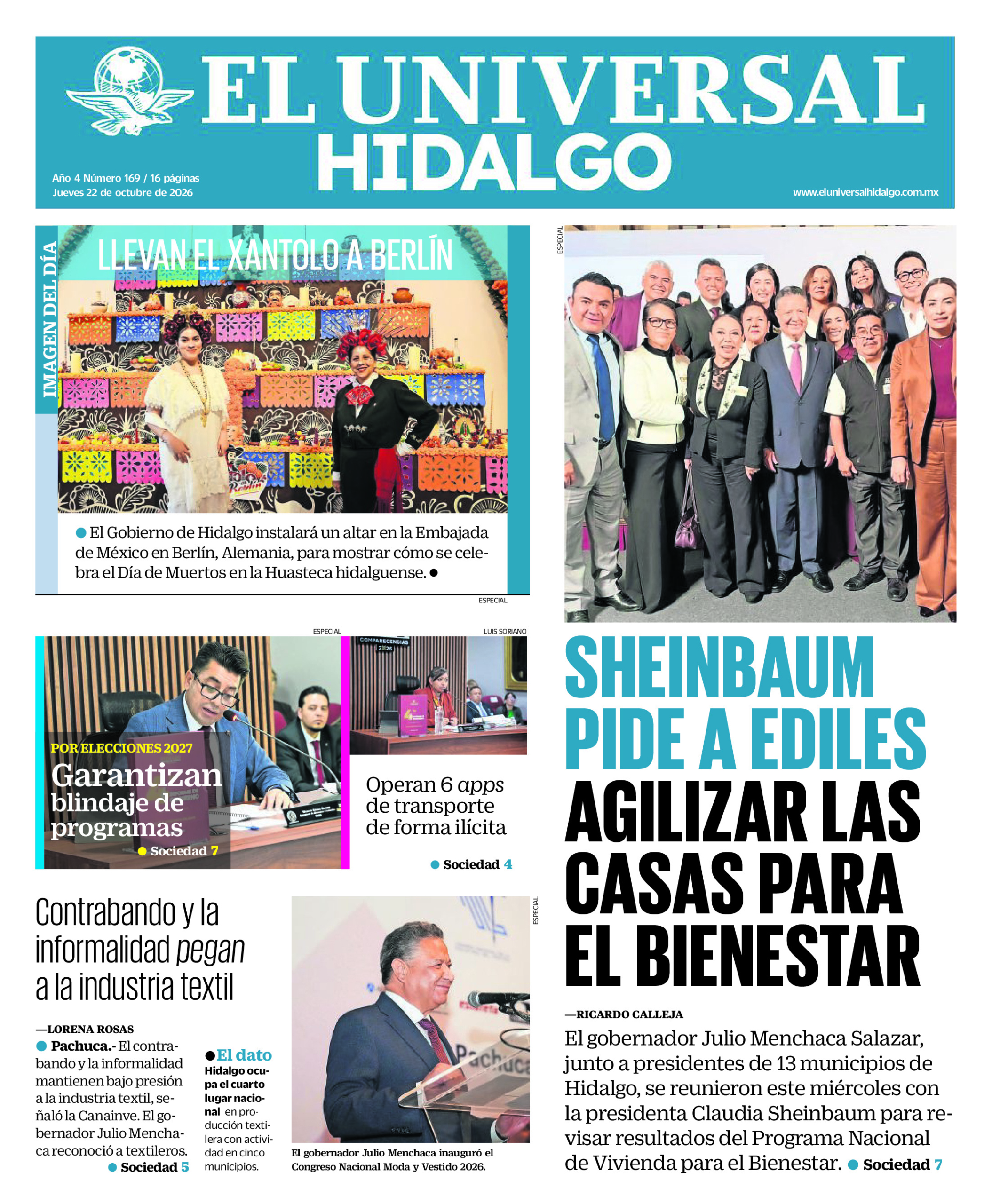 Portada del periódico Hidalgo correspondiente al 22 de octubre de 2026.