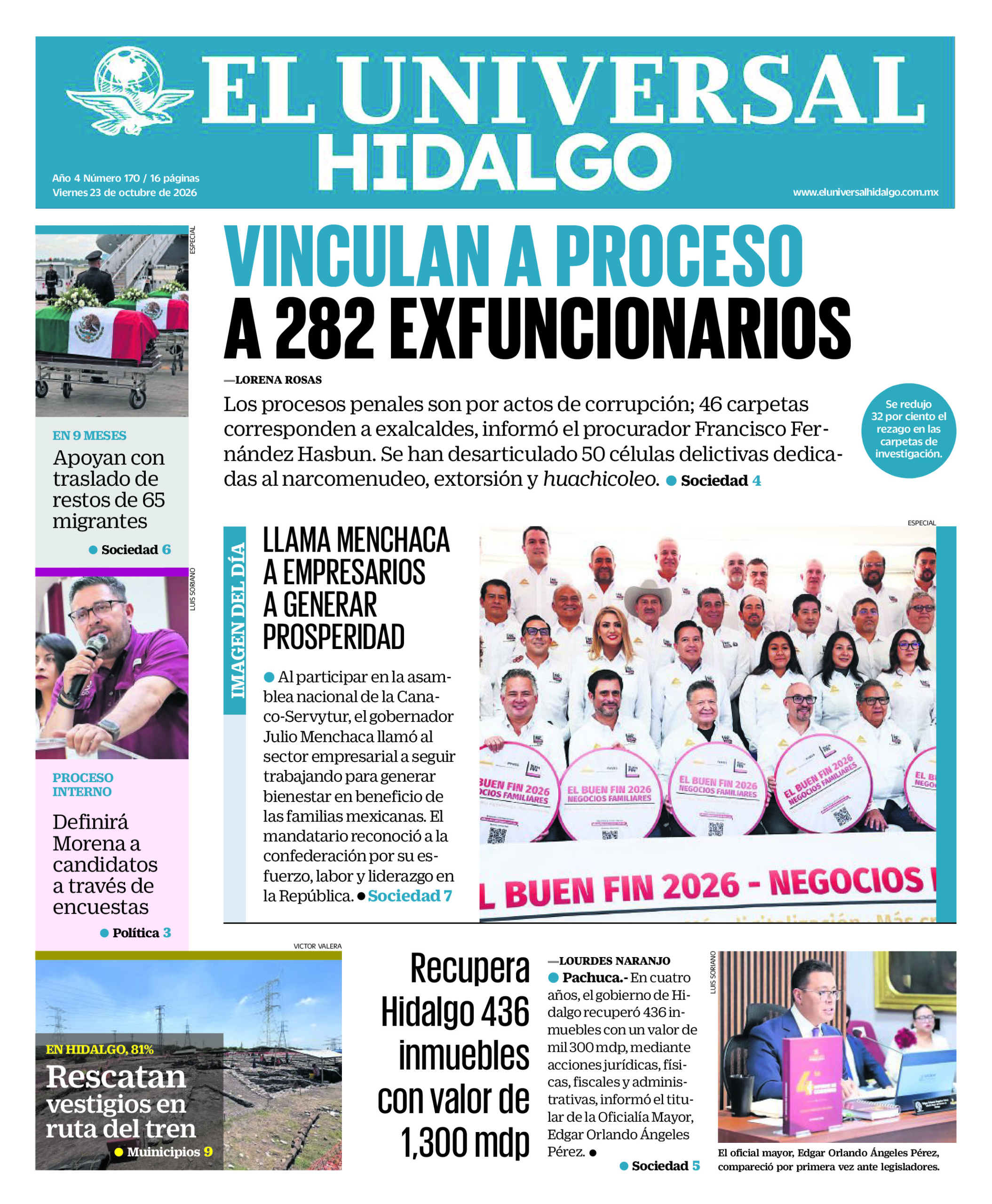 Portada del periódico Hidalgo correspondiente al 23 de octubre de 2026.
