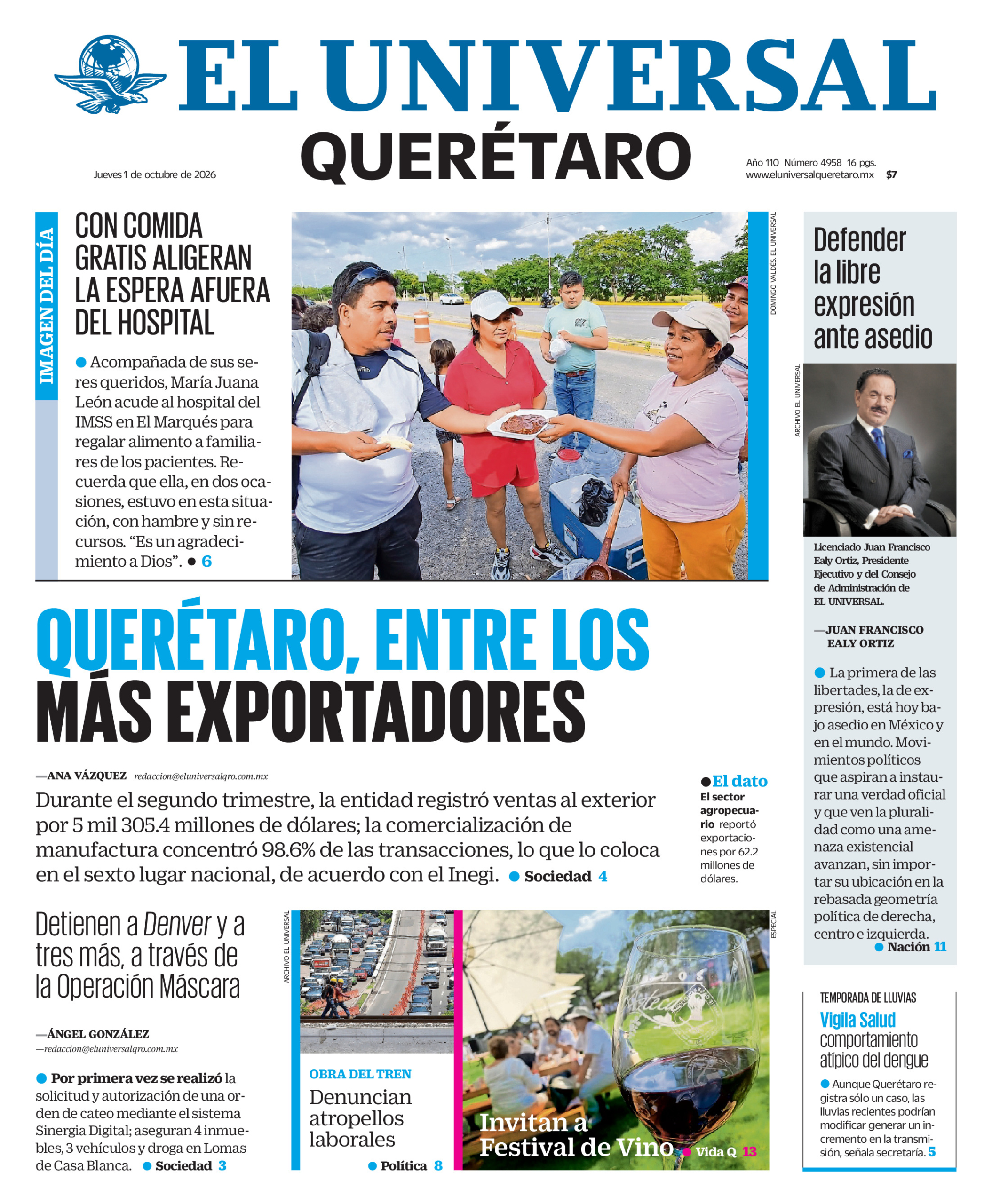 Portada del periódico Querétaro correspondiente al 1 de octubre de 2026.