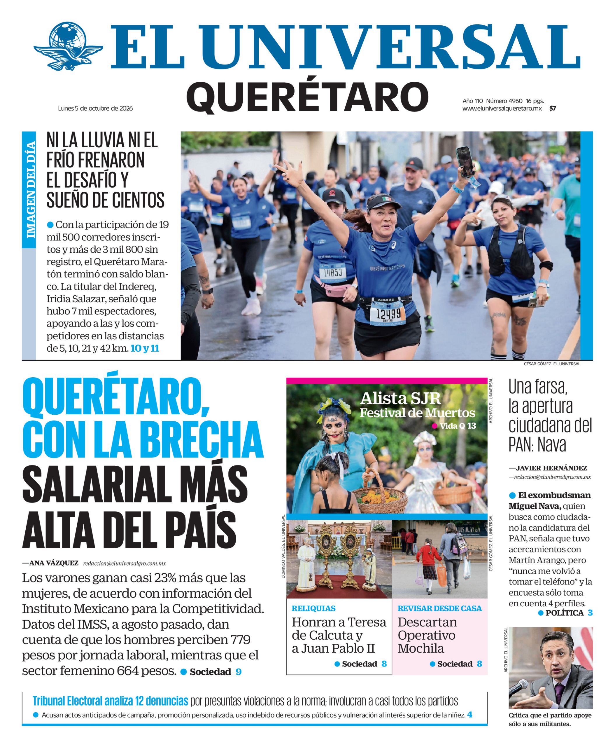 Portada del periódico Querétaro correspondiente al 5 de octubre de 2026.