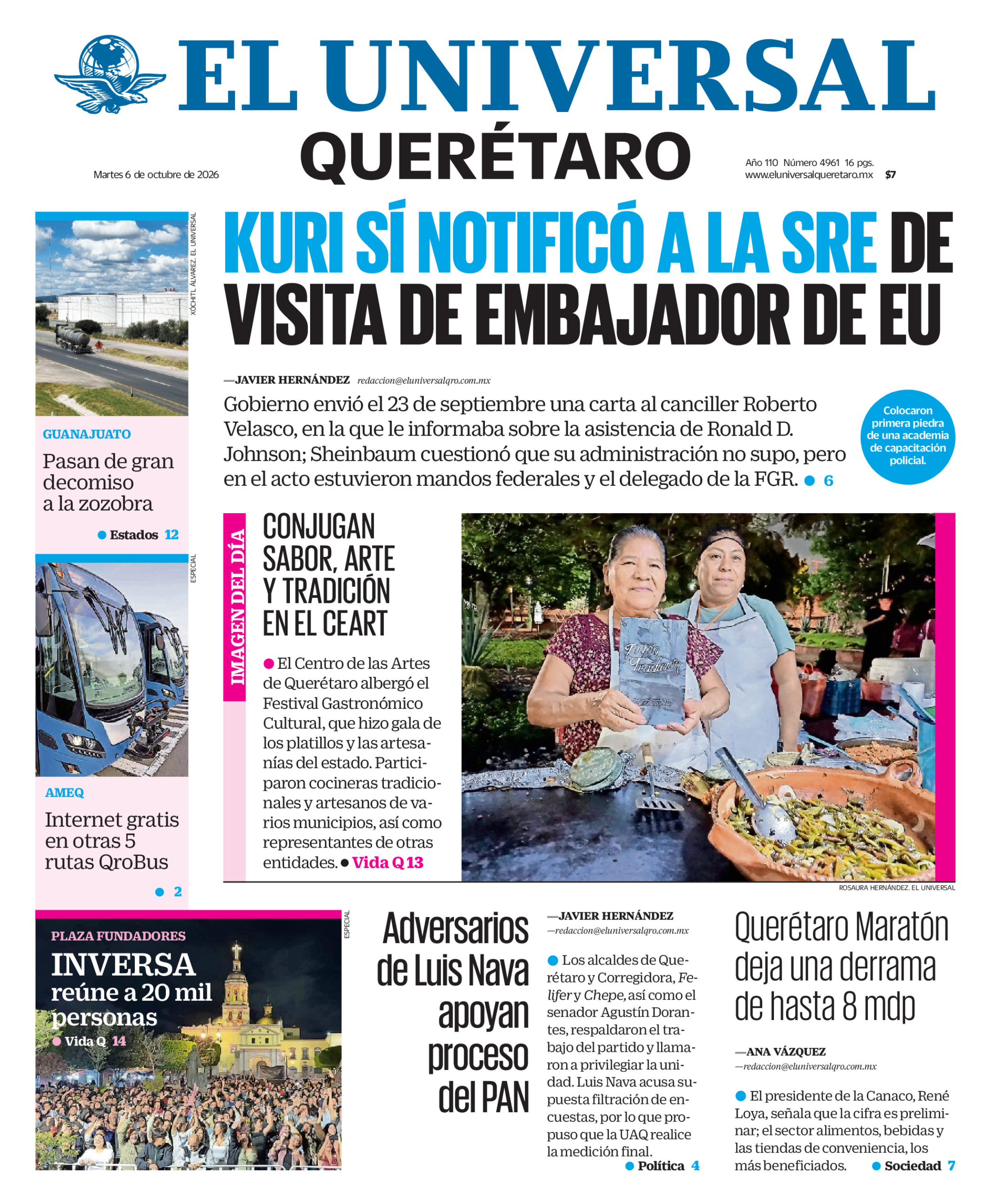 Portada del periódico Querétaro correspondiente al 6 de octubre de 2026.